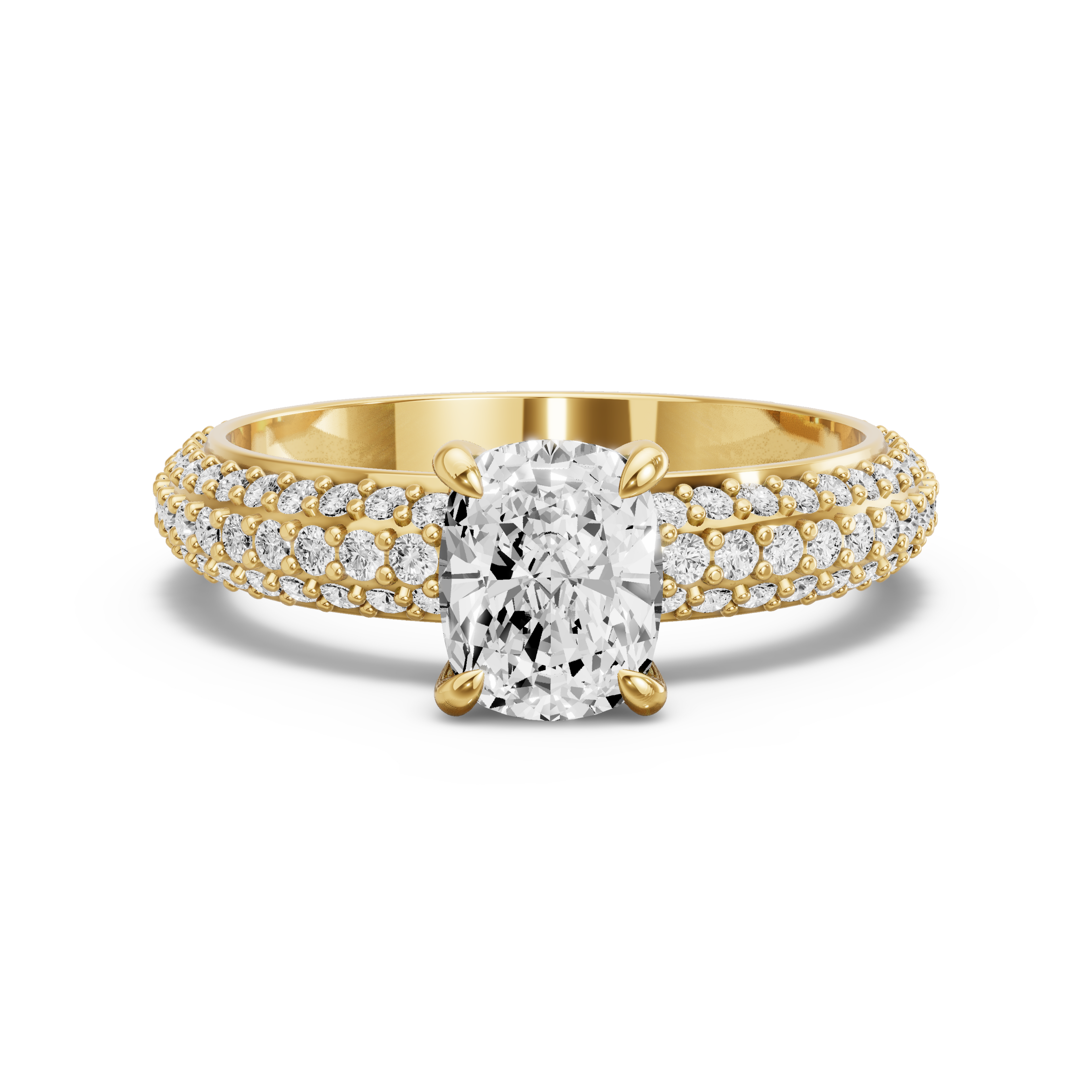Image for Cushion Diamond Tulip Ring with Triple Row Pave band in 18K Yellow Gold