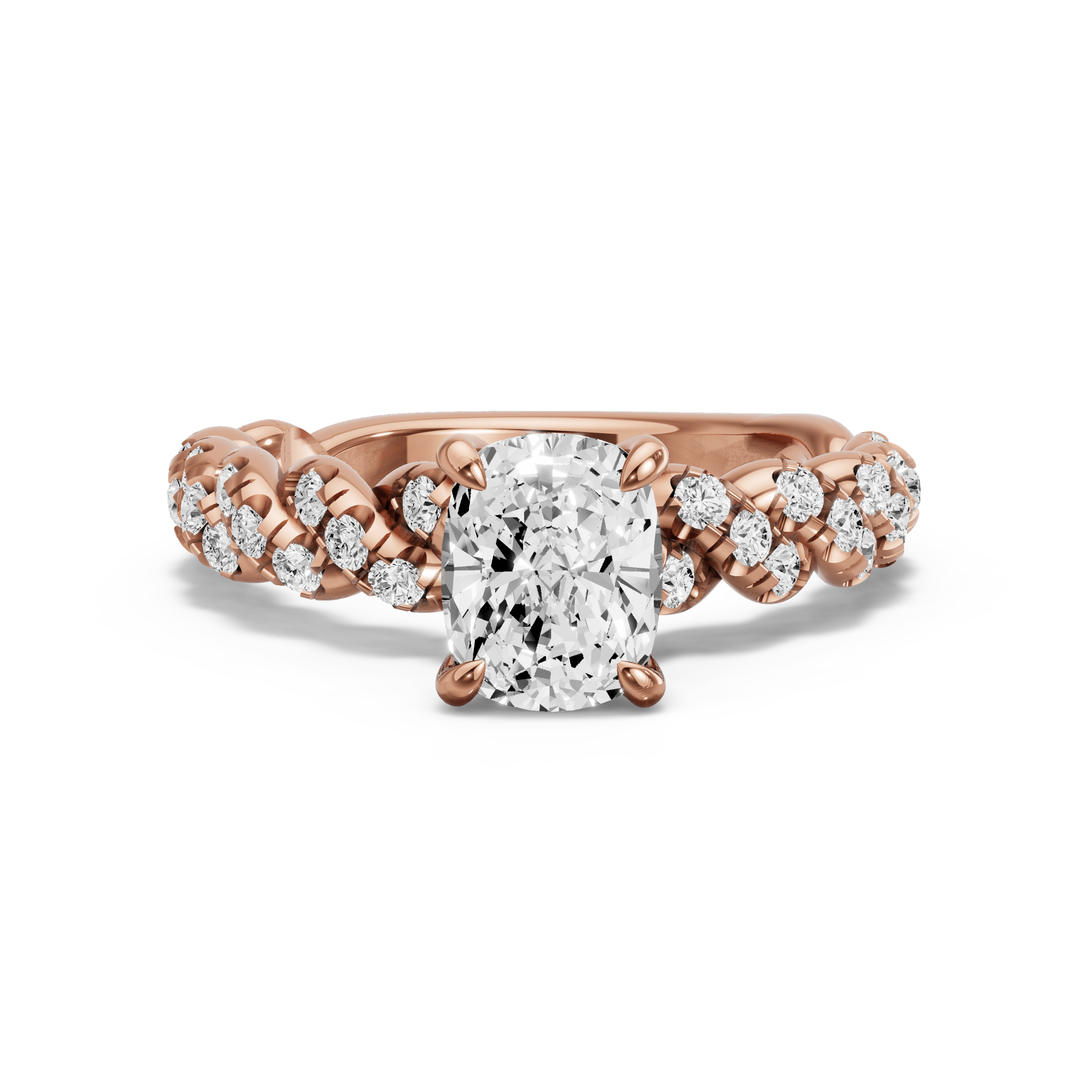Image for Cushion Diamond Tulip Ring with Twist Pave band in 10K Rose Gold