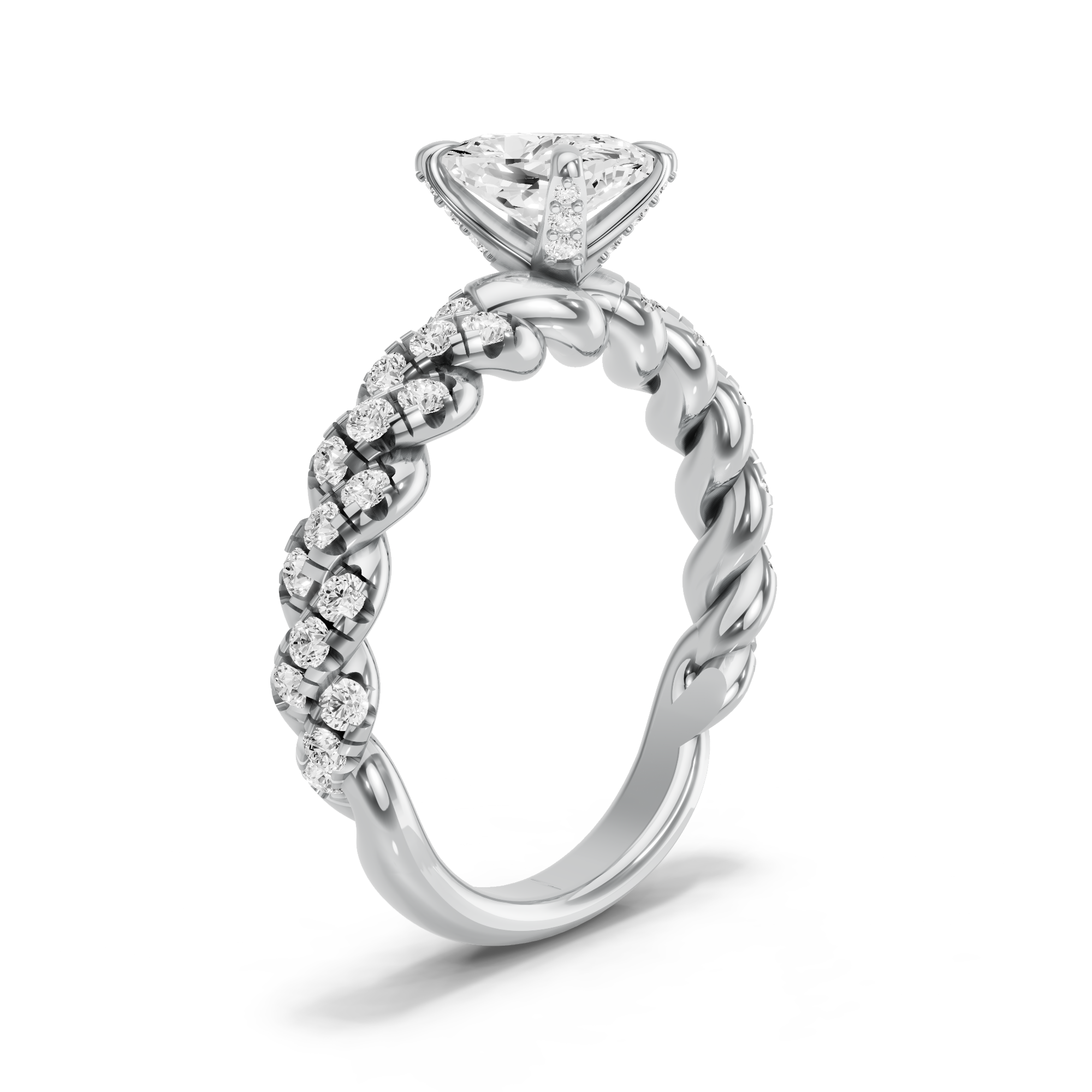 Image for Cushion Diamond Tulip Ring with Twist Pave band in 18K White Gold