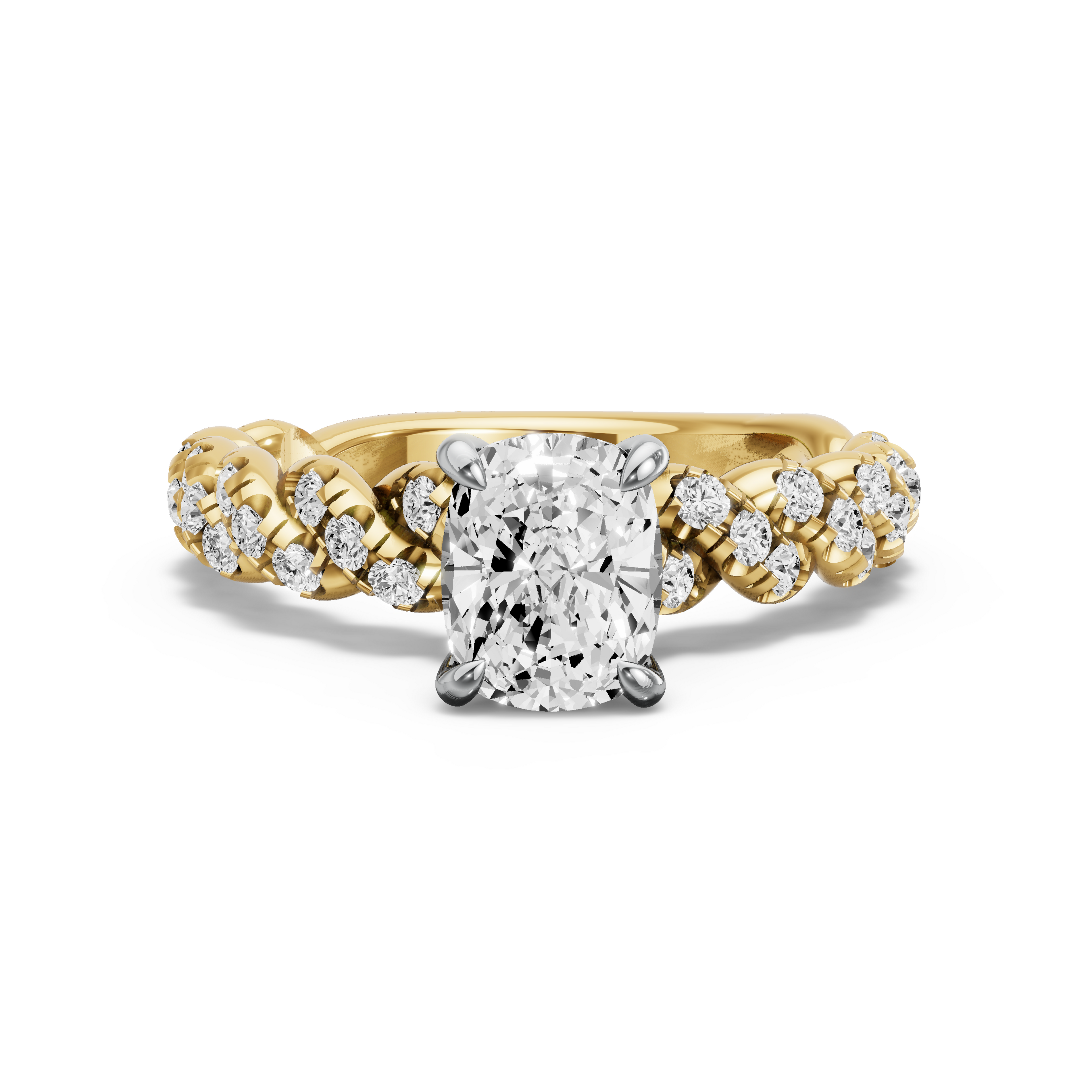 Image for Cushion Diamond Tulip Ring with Twist Pave band in 10K Two Tone Yellow Gold