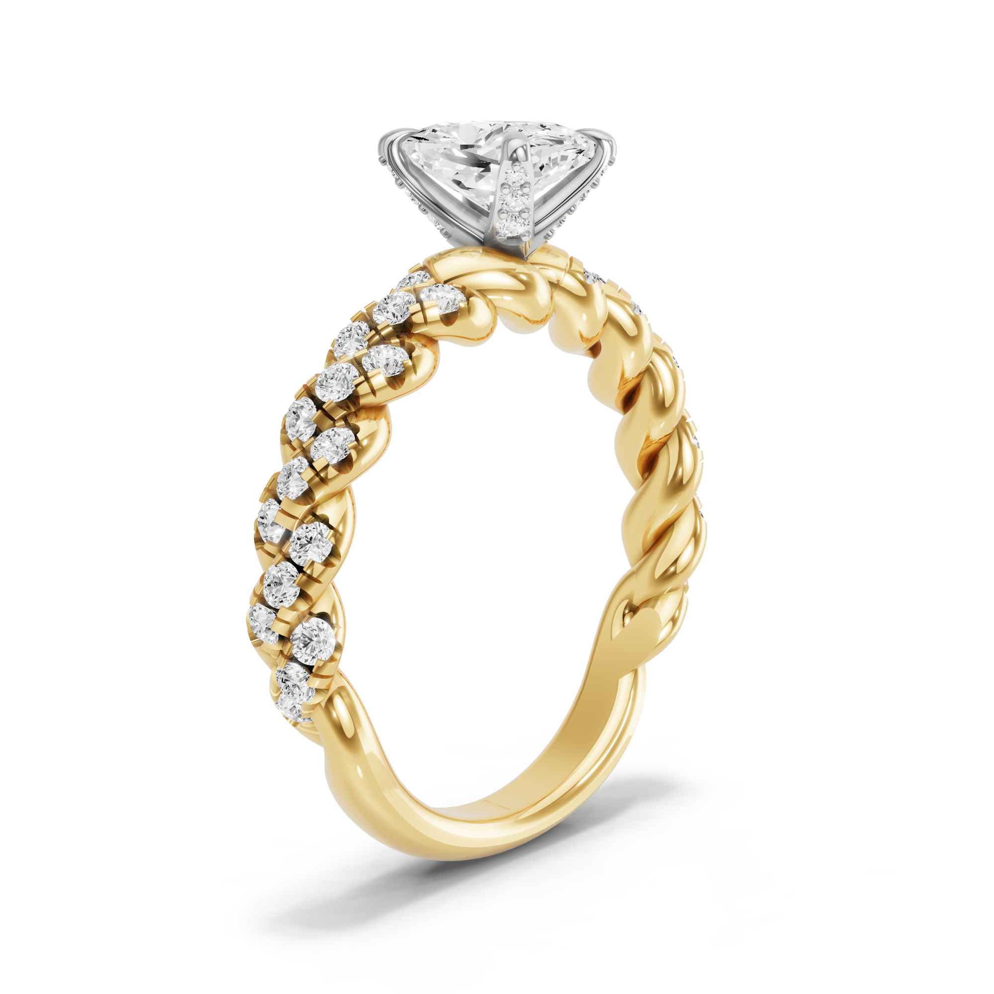 Image for Cushion Diamond Tulip Ring with Twist Pave band in 18K Two Tone Yellow Gold