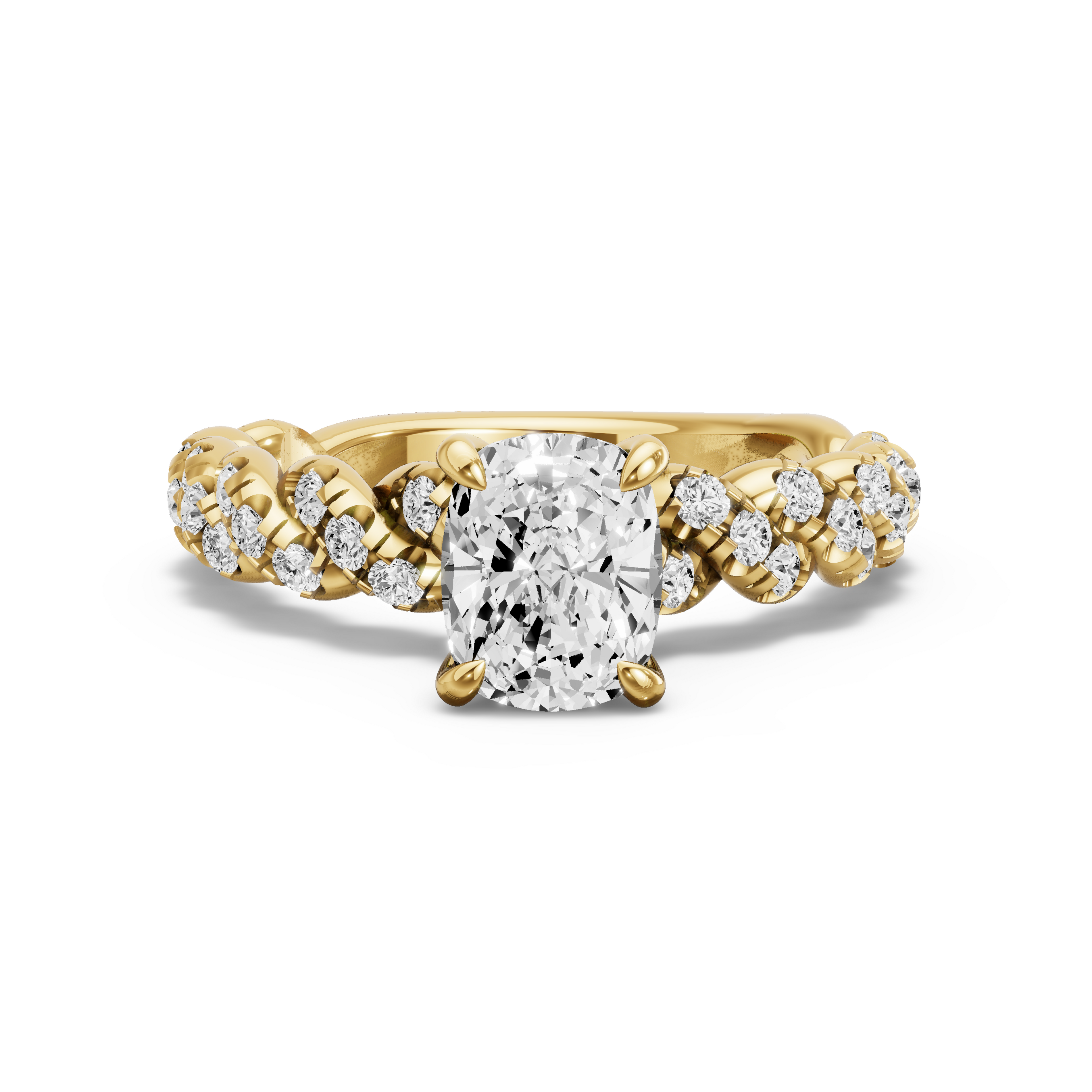 Image for Cushion Diamond Tulip Ring with Twist Pave band in 18K Yellow Gold