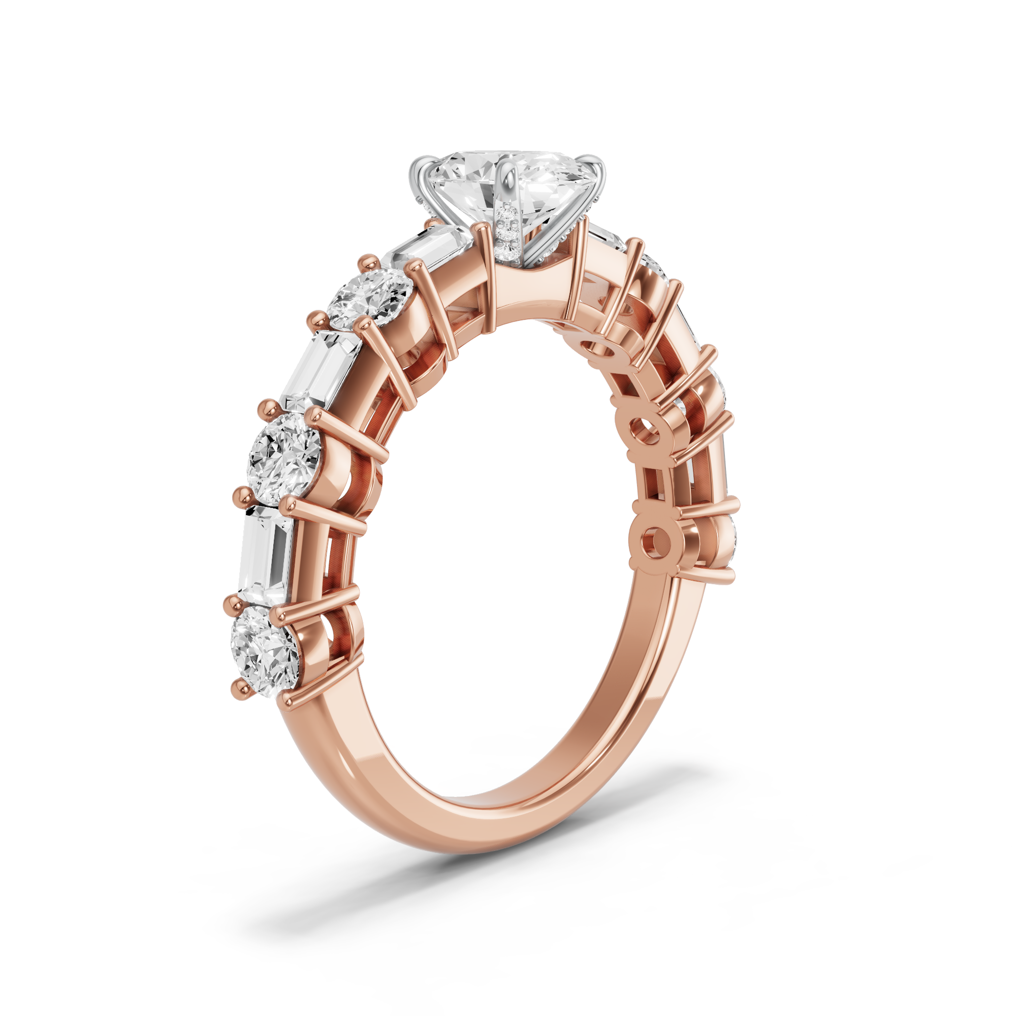 Image for Oval Diamond Tulip Ring with Alternating Baguette band in 18K Two Tone Rose Gold