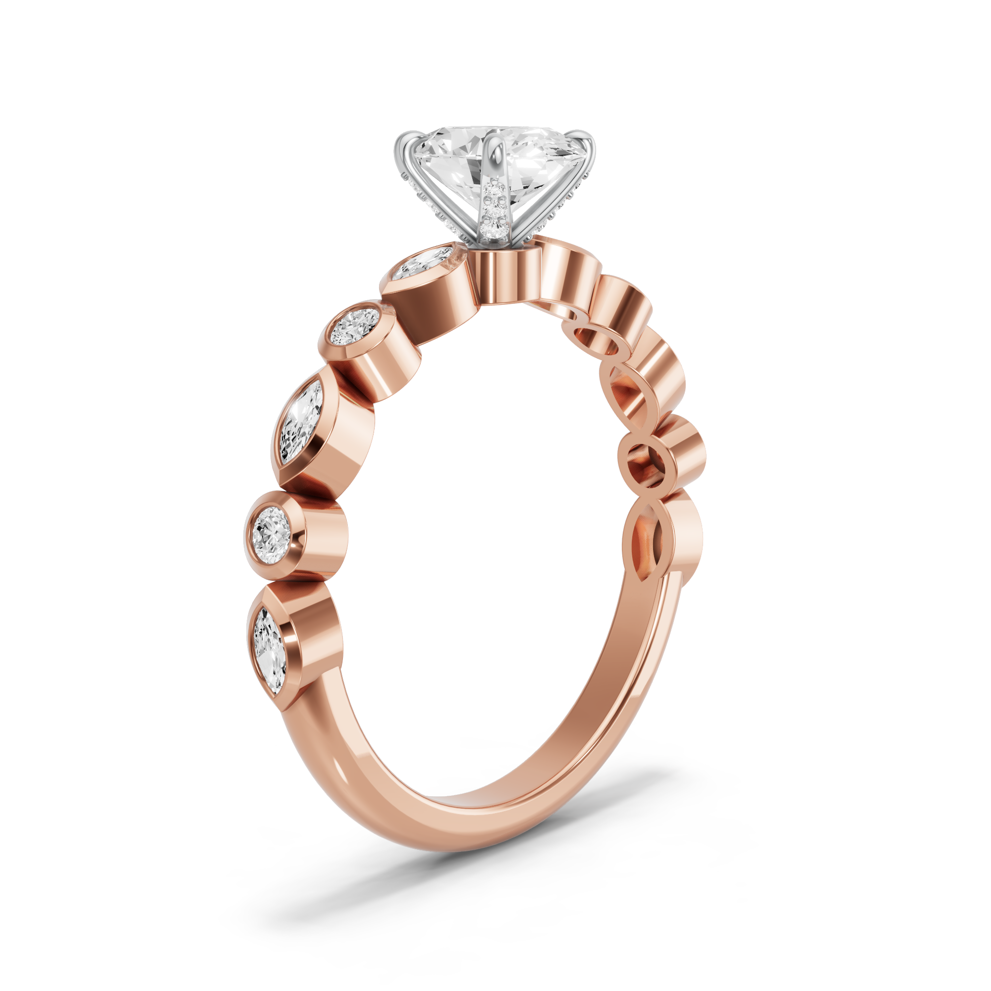 Image for Oval Diamond Tulip Ring with Alternating Marquise band in 10K Two Tone Rose Gold