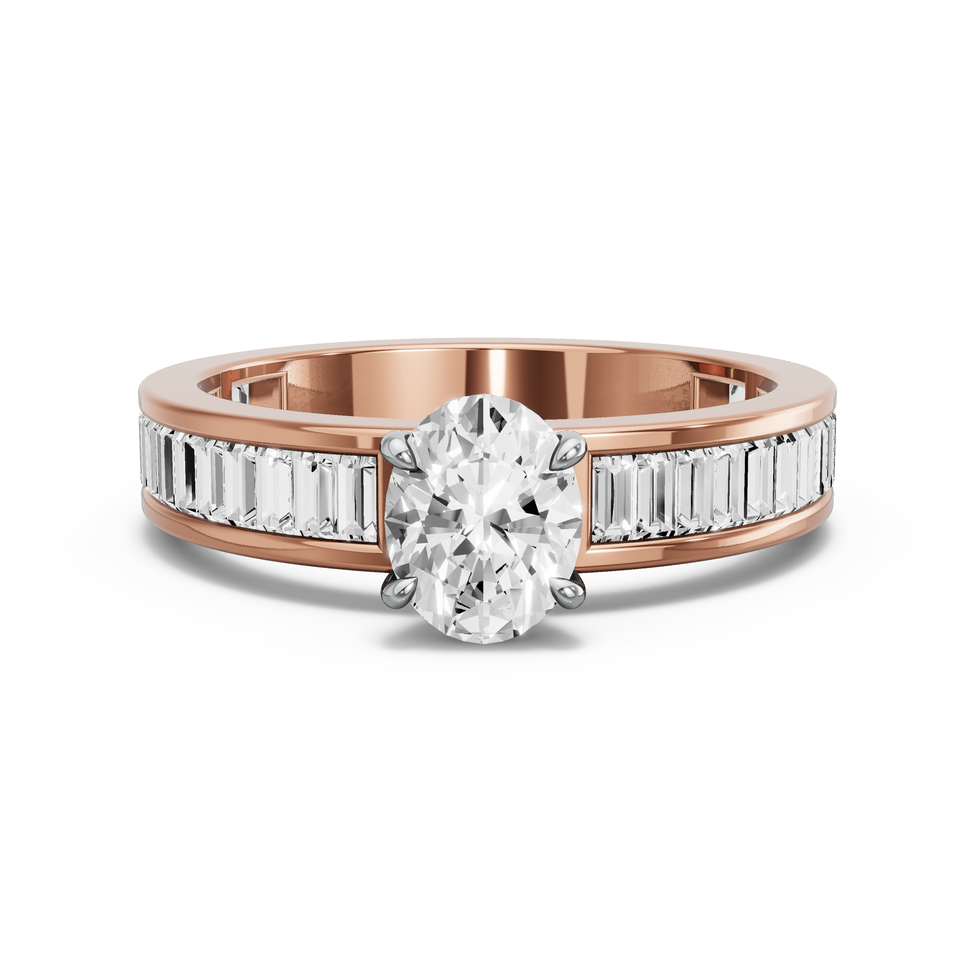 Image for Oval Diamond Tulip Ring with Baguette Channel band in 18K Two Tone Rose Gold