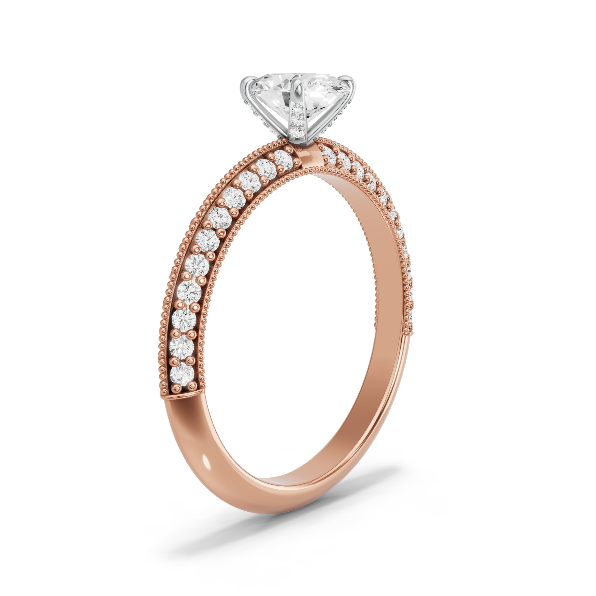 Image for Oval Diamond Tulip Ring with Knife Edge Pave band in 18K Two Tone Rose Gold