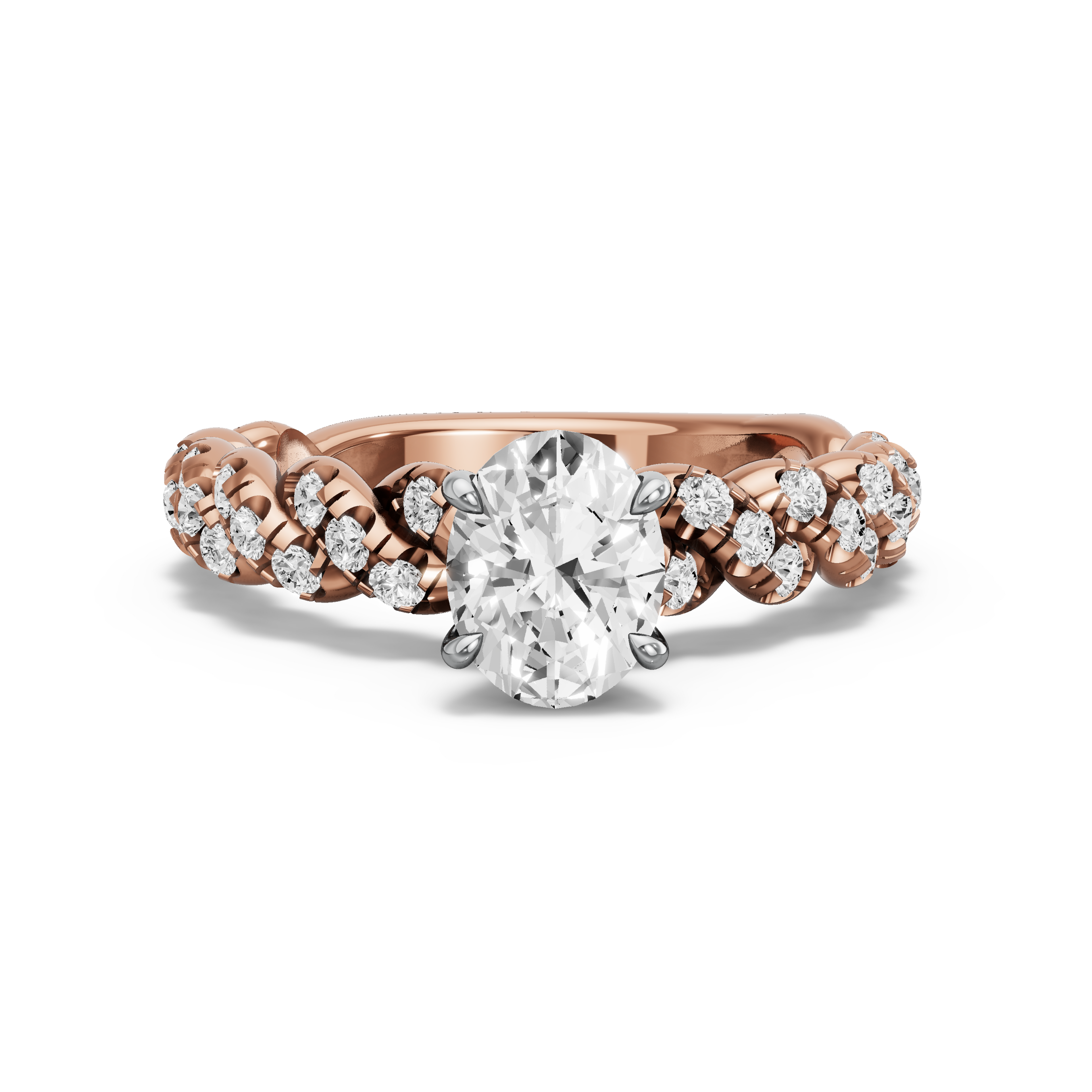 Image for Oval Diamond Tulip Ring with Twist Pave band in 18K Two Tone Rose Gold
