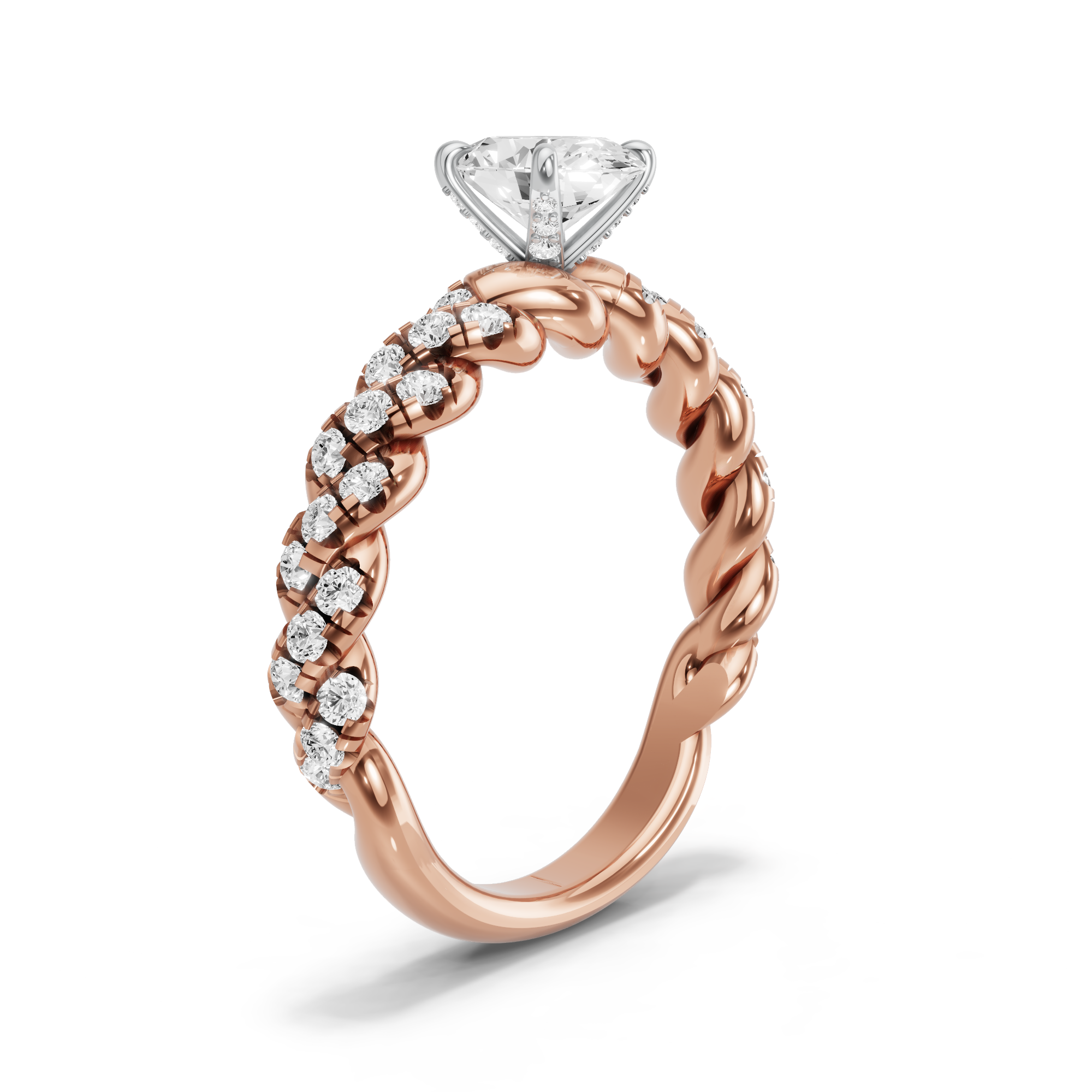 Image for Oval Diamond Tulip Ring with Twist Pave band in 14K Two Tone Rose Gold