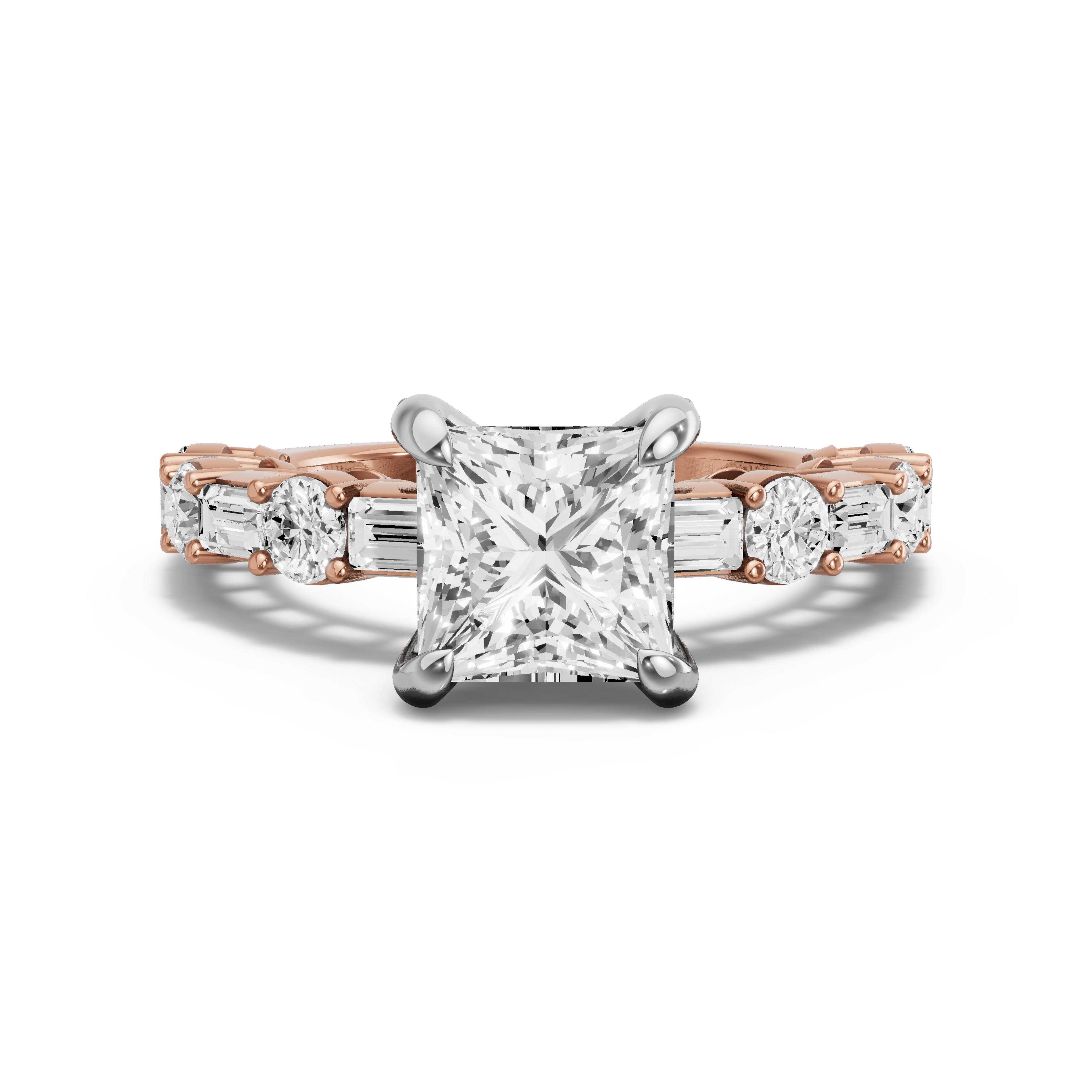 Image for Princess Diamond Tulip Ring with Alternating Baguette band in 18K Two Tone Yellow Gold