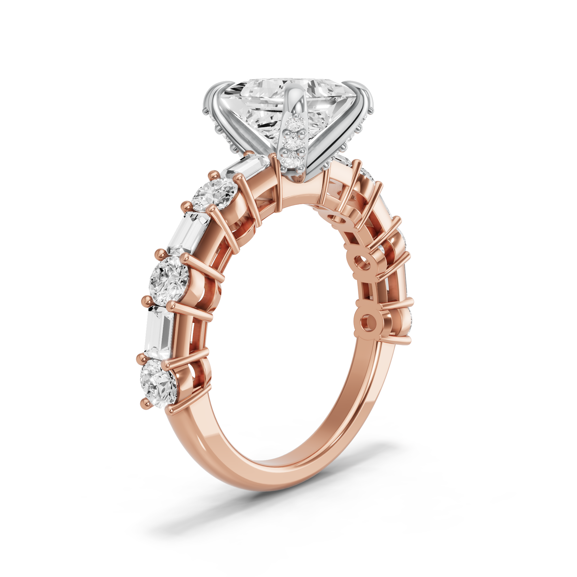 Image for Princess Diamond Tulip Ring with Alternating Baguette band in 10K Two Tone Yellow Gold
