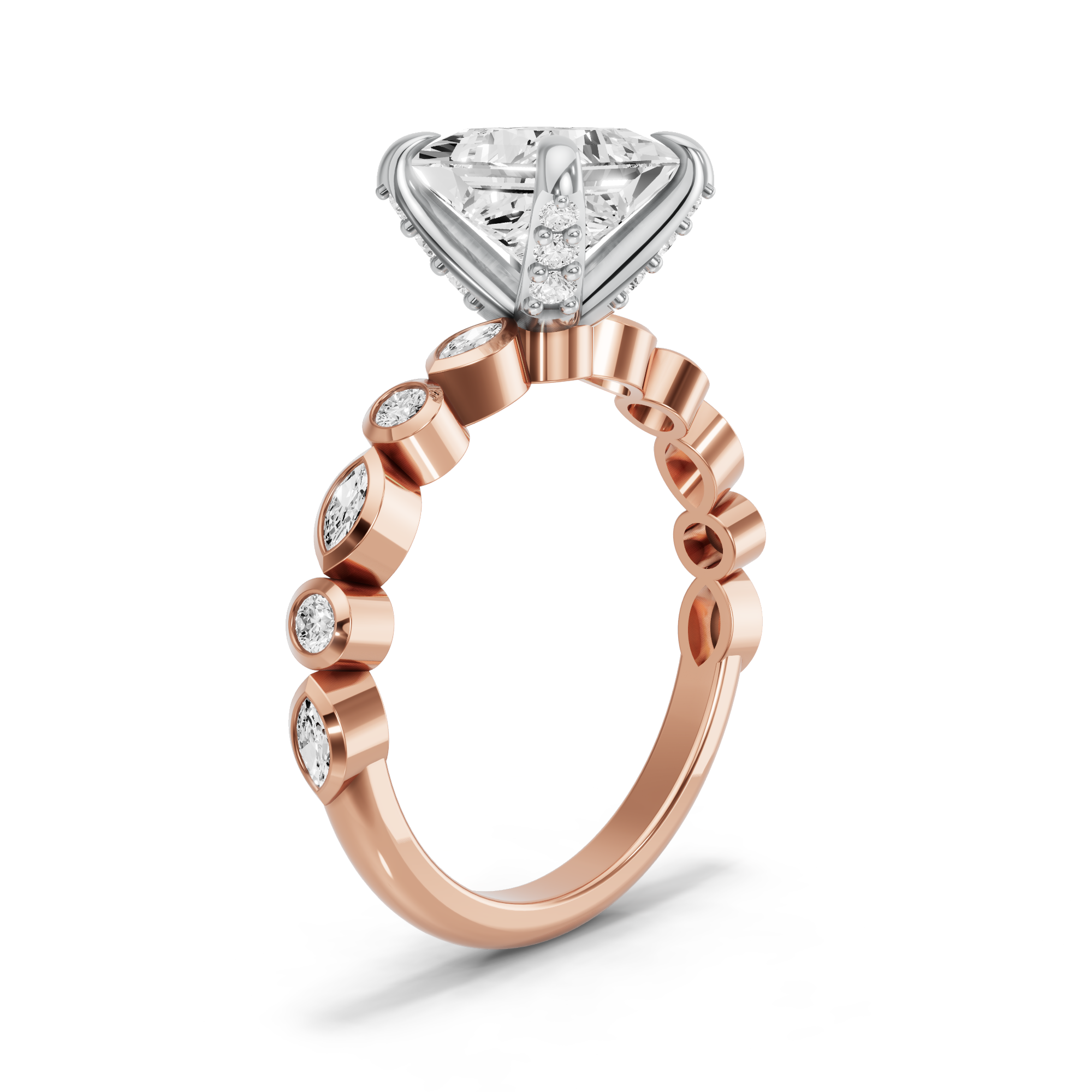Image for Princess Diamond Tulip Ring with Alternating Marquise band in 18K Two Tone Yellow Gold