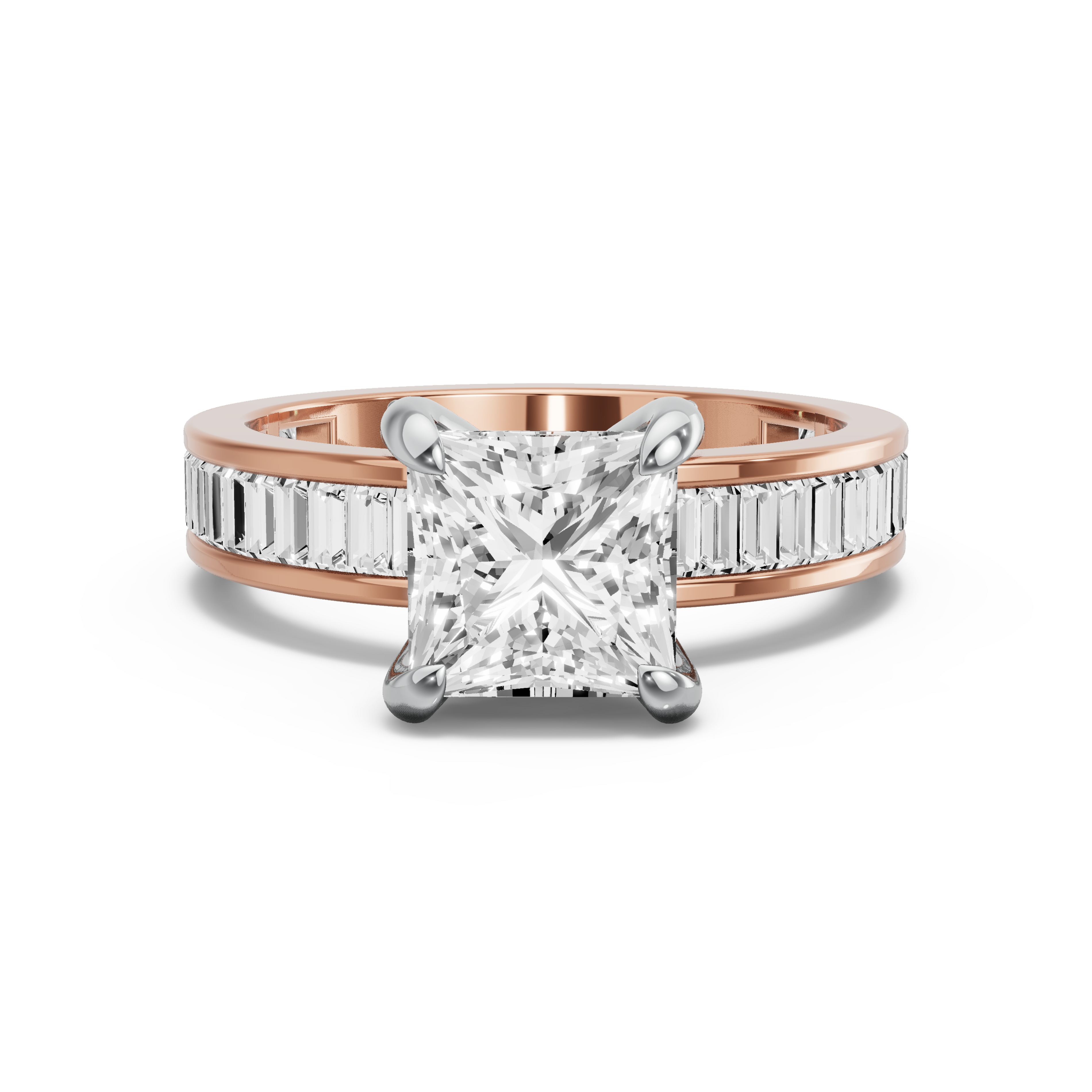 Image for Princess Diamond Tulip Ring with Baguette Channel band in 18K Two Tone Yellow Gold