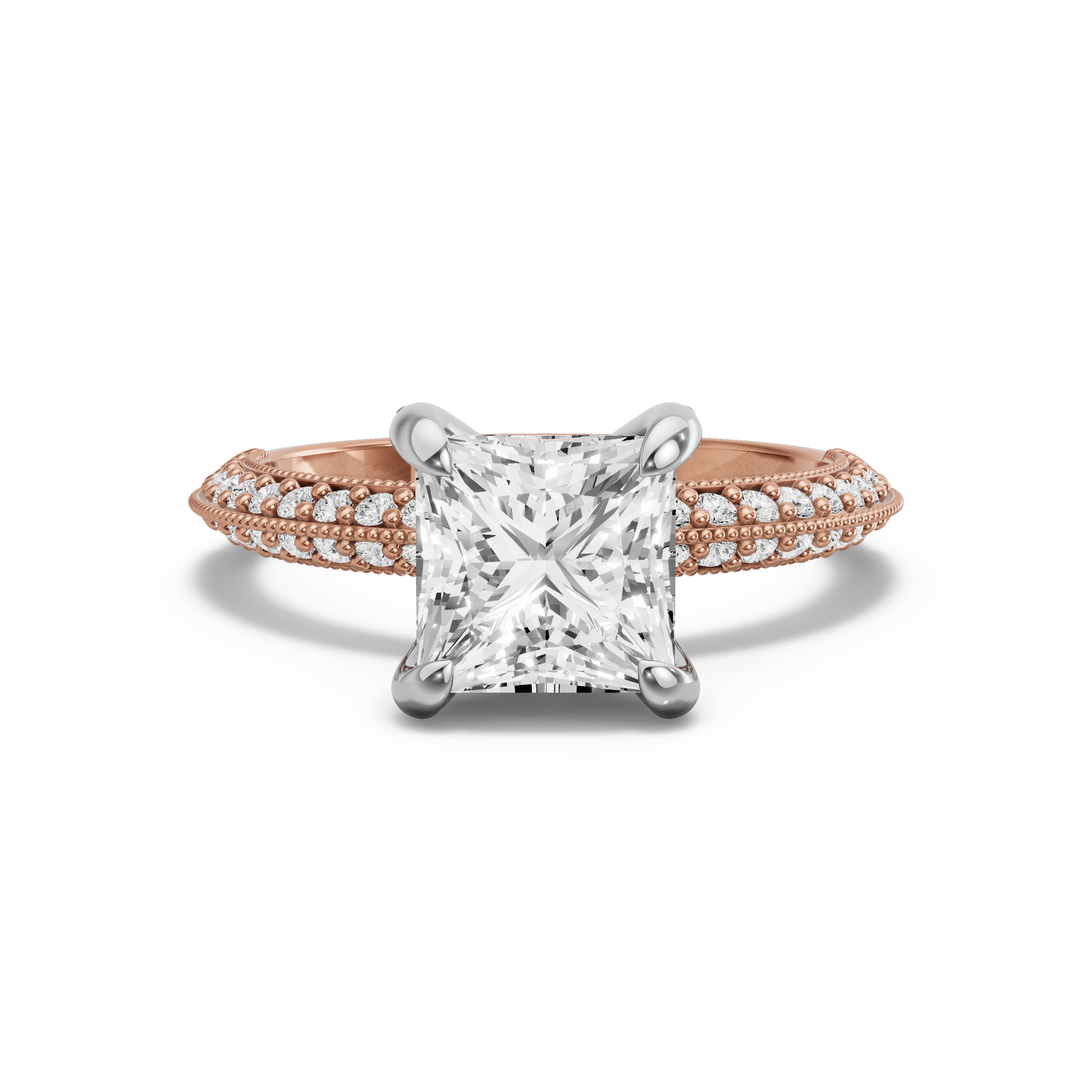 Image for Princess Diamond Tulip Ring with Knife Edge Pave band in 10K Two Tone Yellow Gold