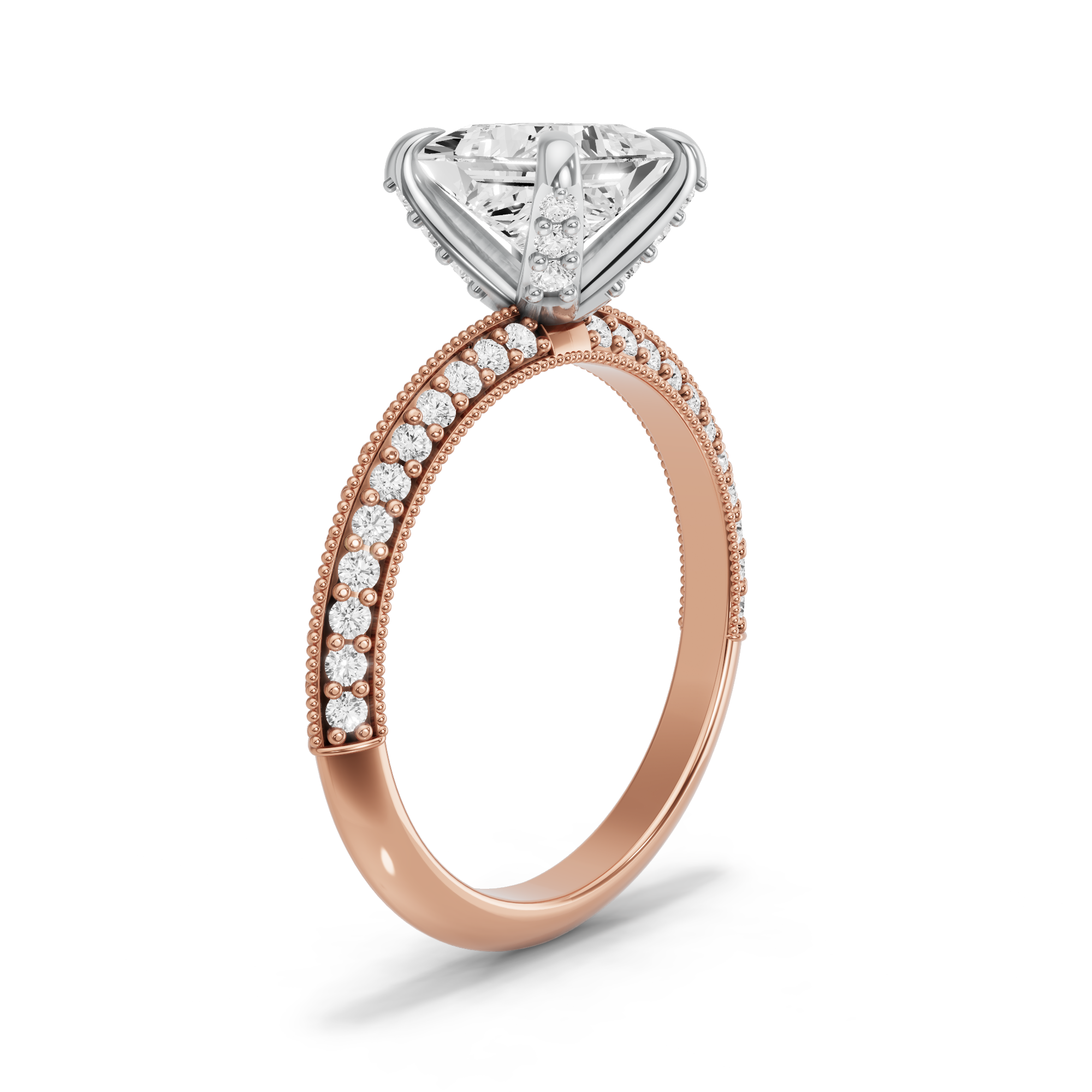 Image for Princess Diamond Tulip Ring with Knife Edge Pave band in 18K Two Tone Yellow Gold