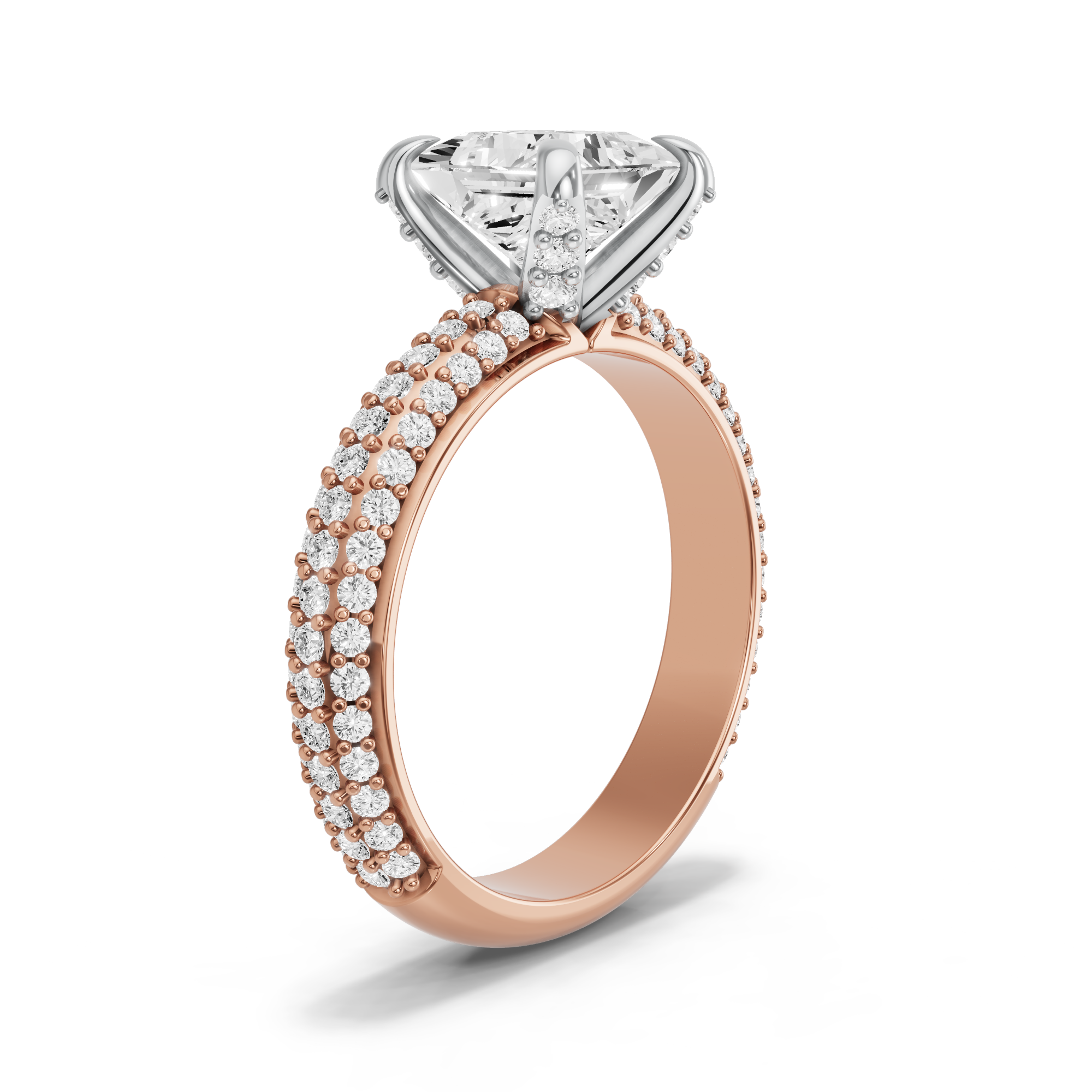 Image for Princess Diamond Tulip Ring with Triple Row Pave band in 14K Two Tone Yellow Gold