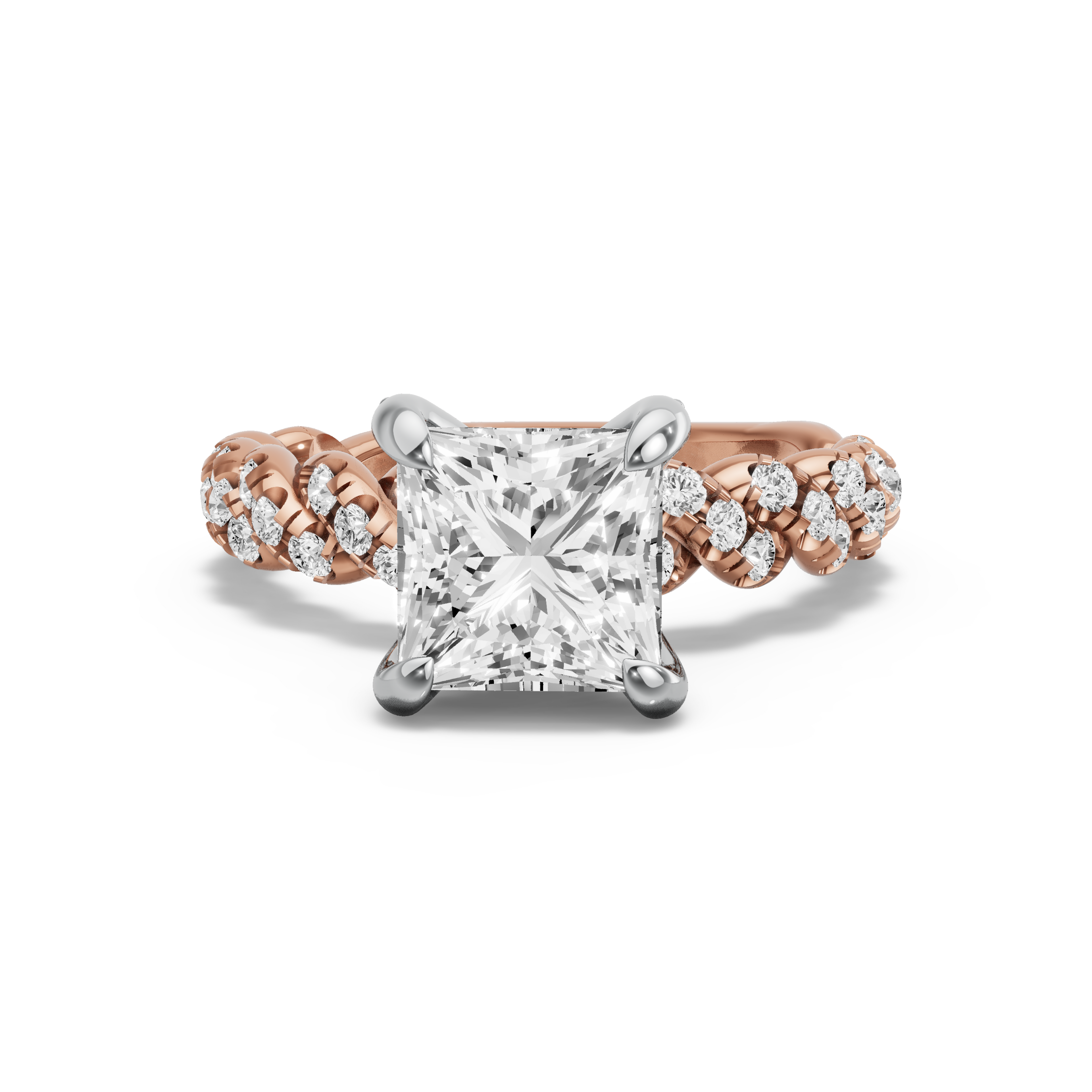 Image for Princess Diamond Tulip Ring with Twist Pave band in 18K Two Tone Yellow Gold