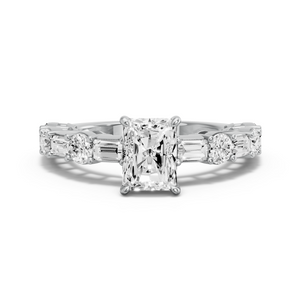 Image for Radiant Diamond Tulip Ring with Alternating Baguette band in 14K White Gold