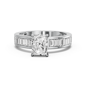 Image for Radiant Diamond Tulip Ring with Baguette Channel band in 14K White Gold