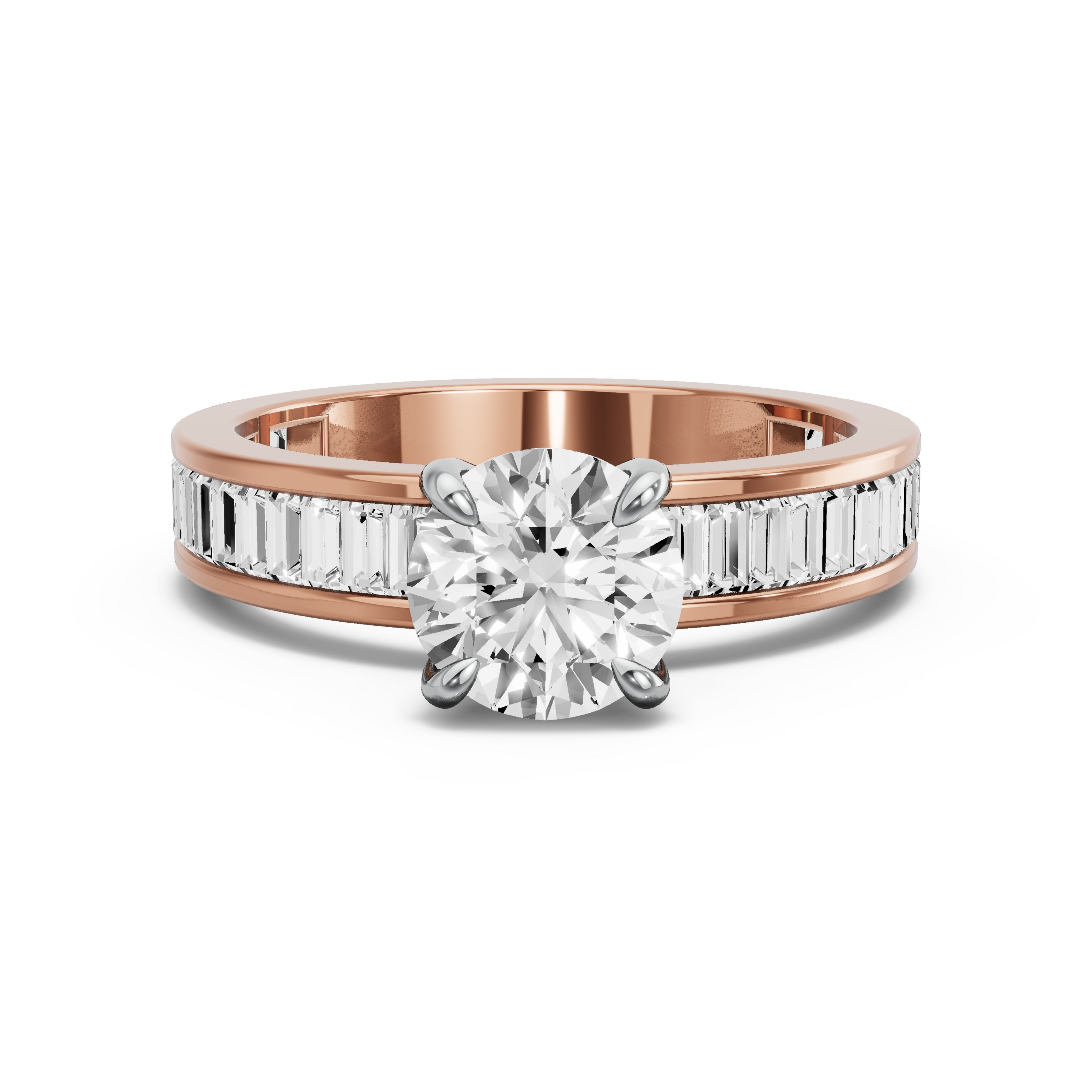 Image for Round Diamond Tulip Ring with Baguette Channel band in 14K Two Tone Rose Gold