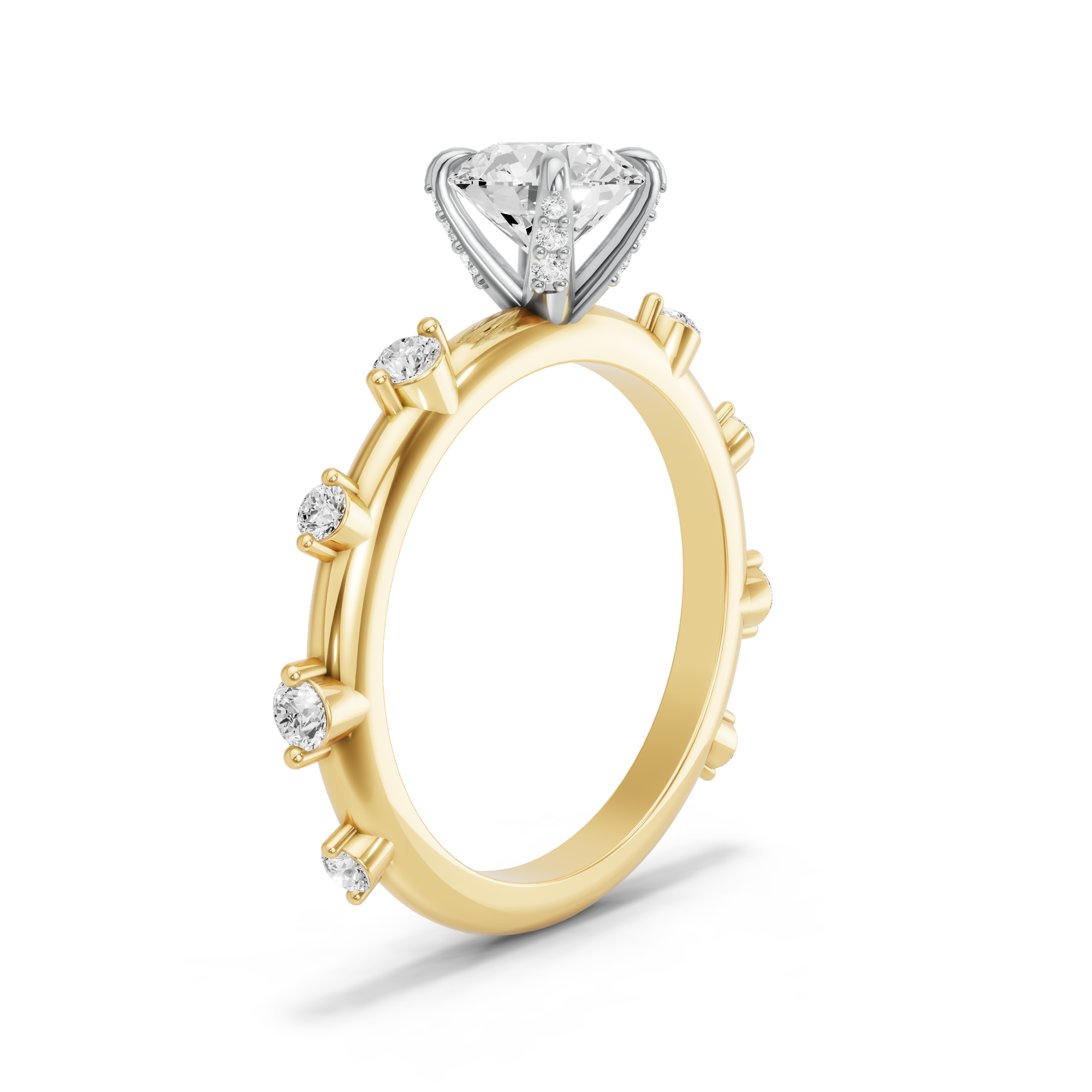 Image for Round Diamond Tulip Ring with Floating Station band in 18K Two Tone Yellow Gold