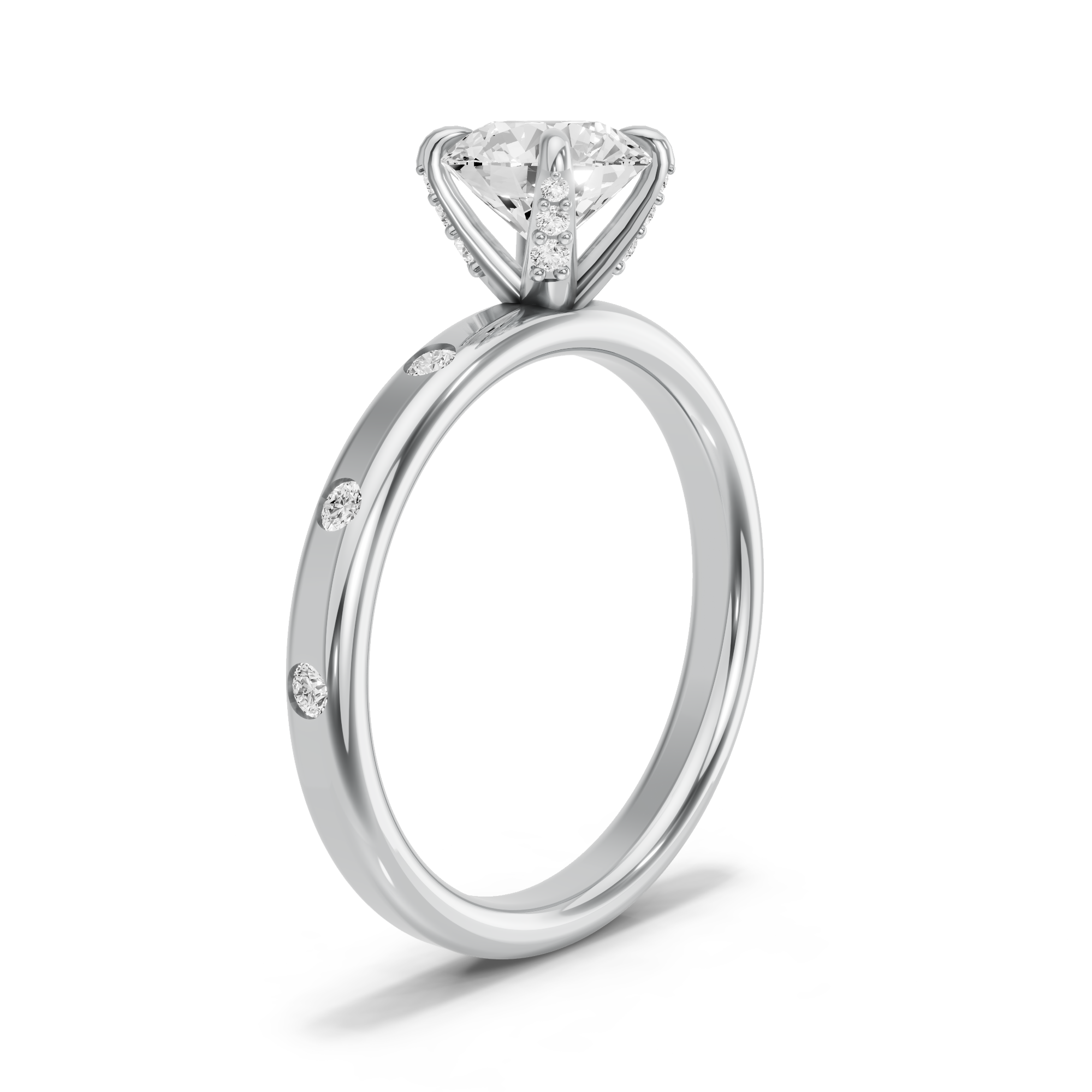 Image for Round Diamond Tulip Ring with Sleek Accent band in 14K White Gold