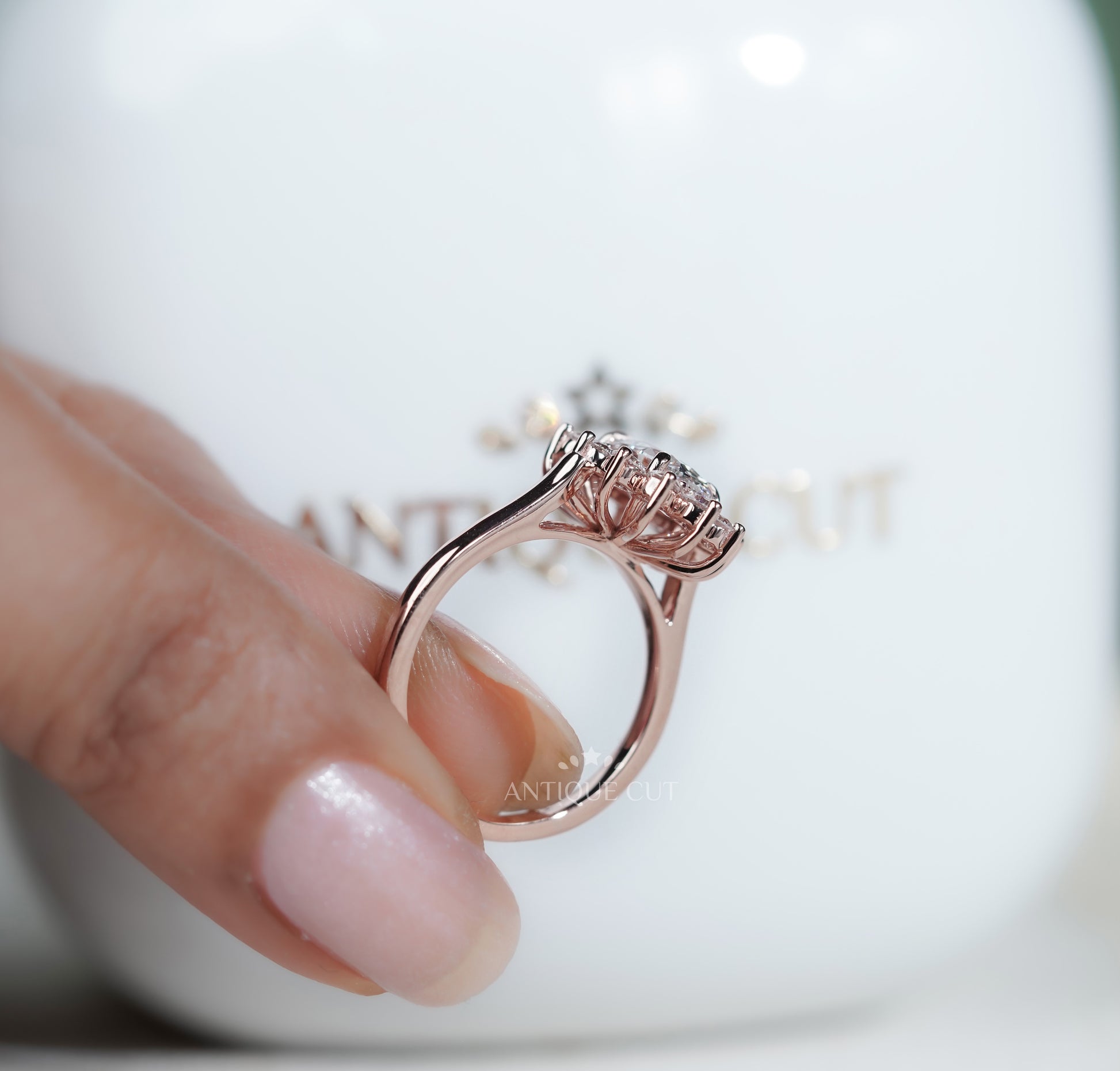 Oval Rose Gold Halo Engagement Ring With Floral Style Round Diamond Accent | IGI Certified