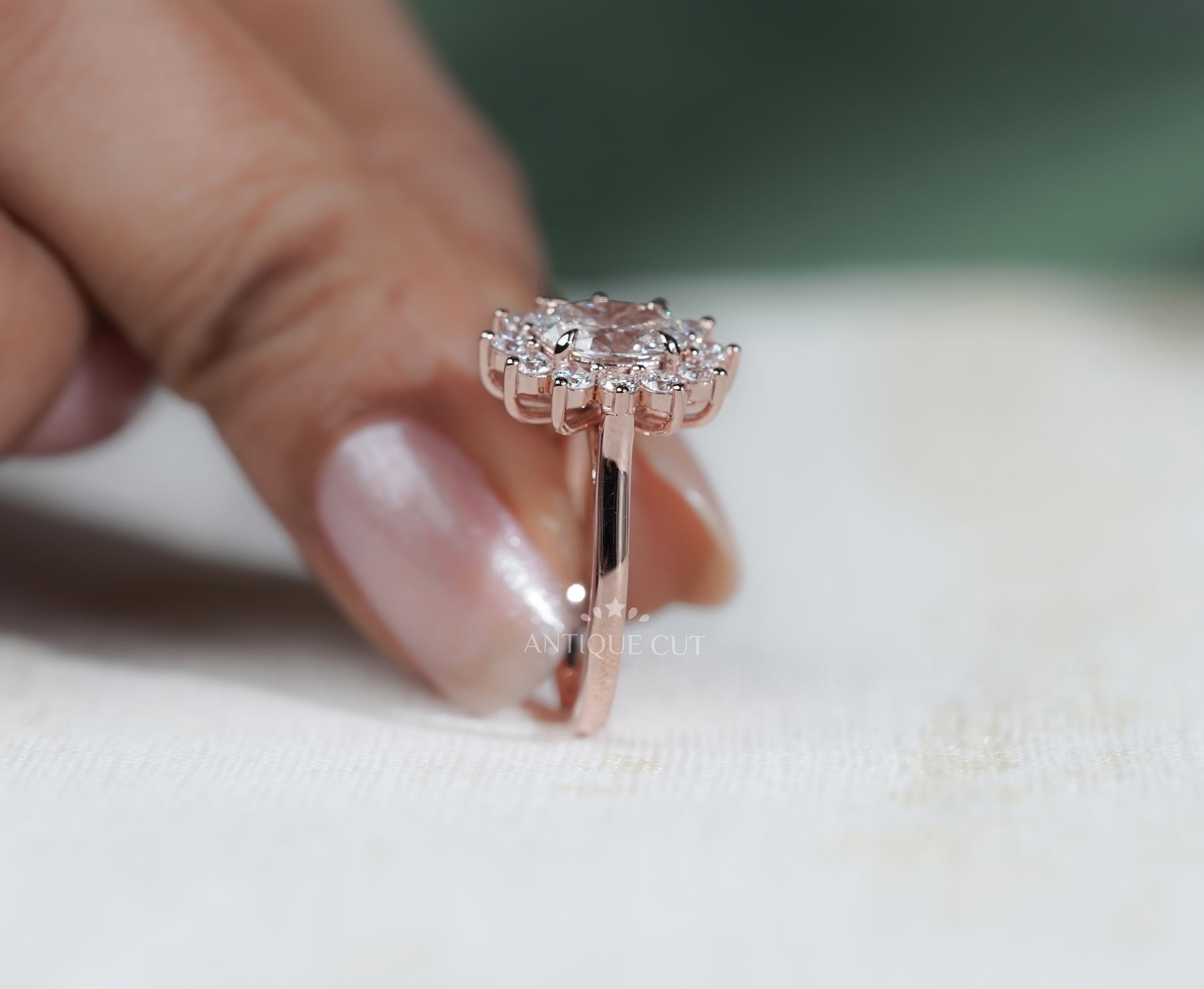 Oval Rose Gold Halo Engagement Ring With Floral Style Round Diamond Accent | IGI Certified