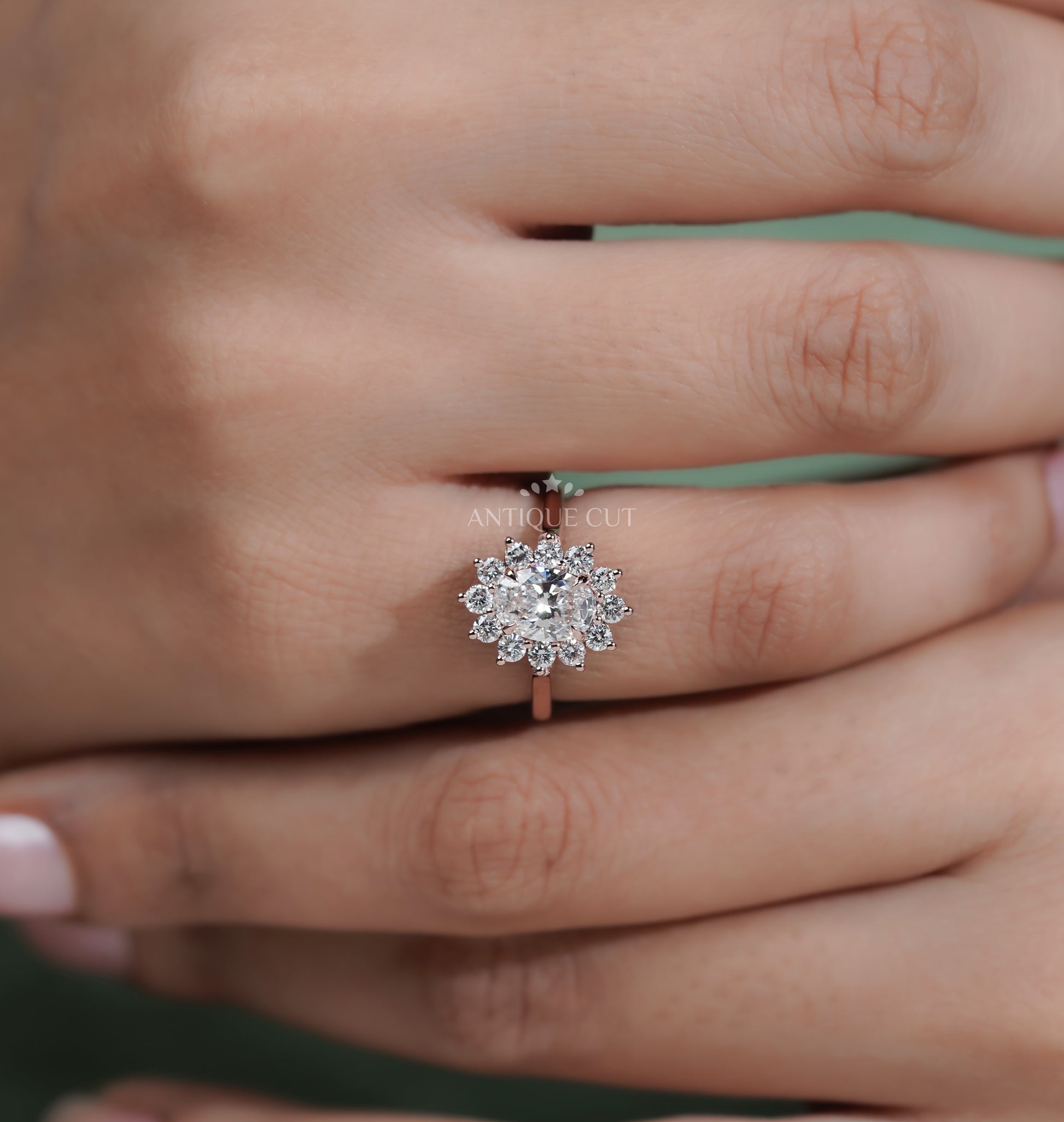 Oval Rose Gold Halo Engagement Ring With Floral Style Round Diamond Accent | IGI Certified