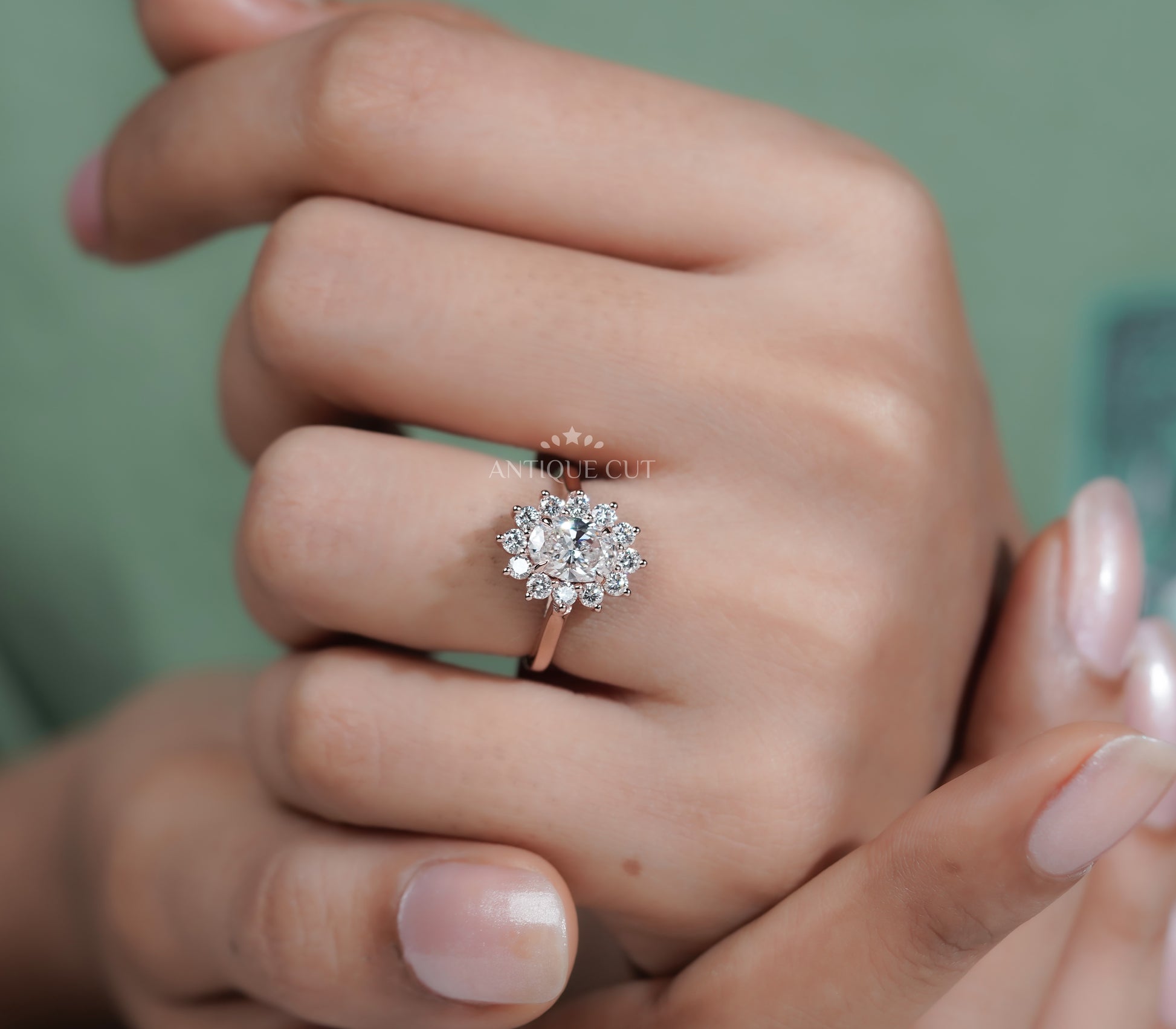 Oval Rose Gold Halo Engagement Ring With Floral Style Round Diamond Accent | IGI Certified