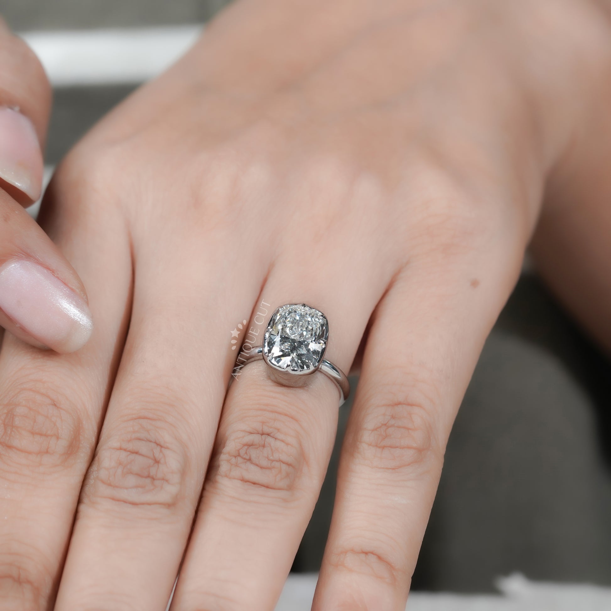 Antiquecut custom order process for lab grown cushion engagement ring