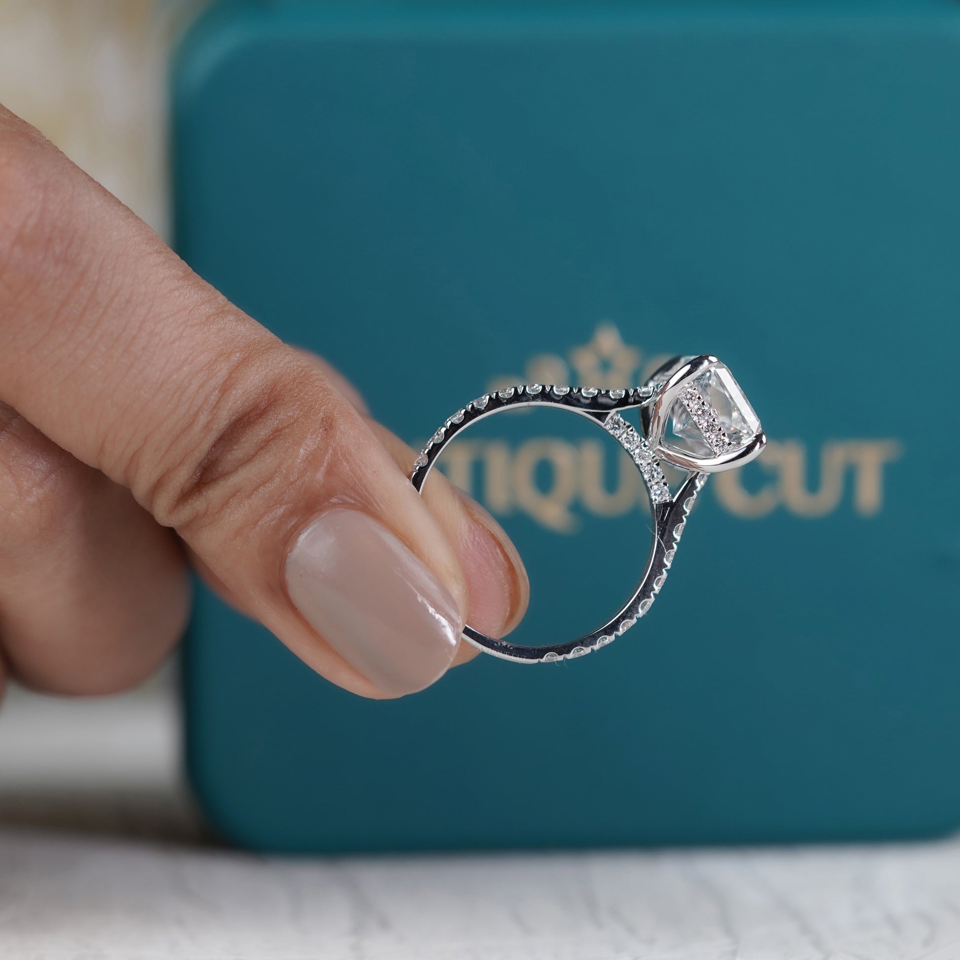 Radiant Cut 5.70tcw Lab Grown Diamond Engagement Ring | Hidden Halo Pavé Band | IGI Certified
