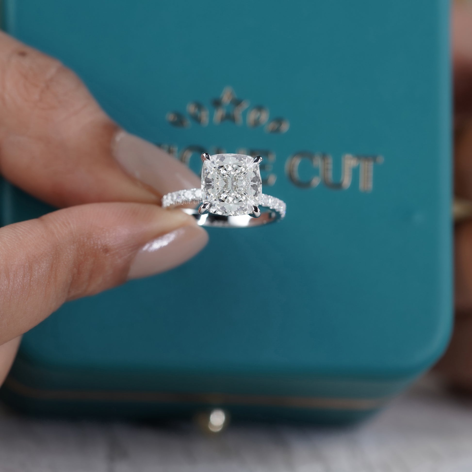 Cushion Cut 4.50tcw Lab Grown Diamond Engagement Ring | Hidden Halo Pavé Band | IGI Certified