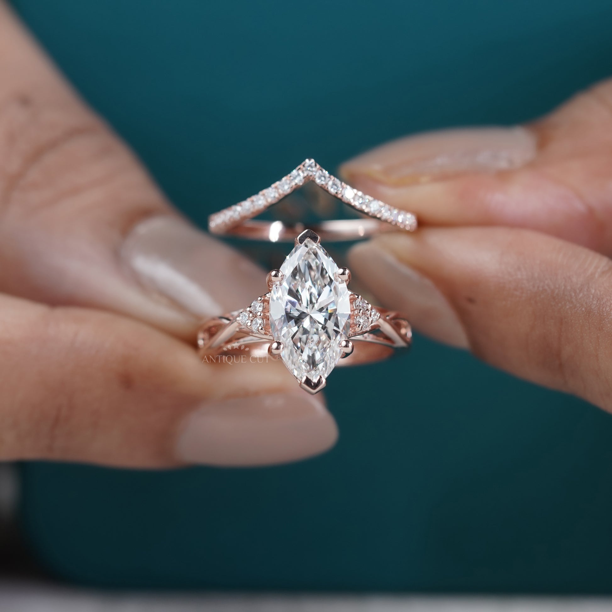 Marquise Cut 3.30tcw Lab Grown Diamond With Band | Rose Gold Split Shank Design | IGI Certified