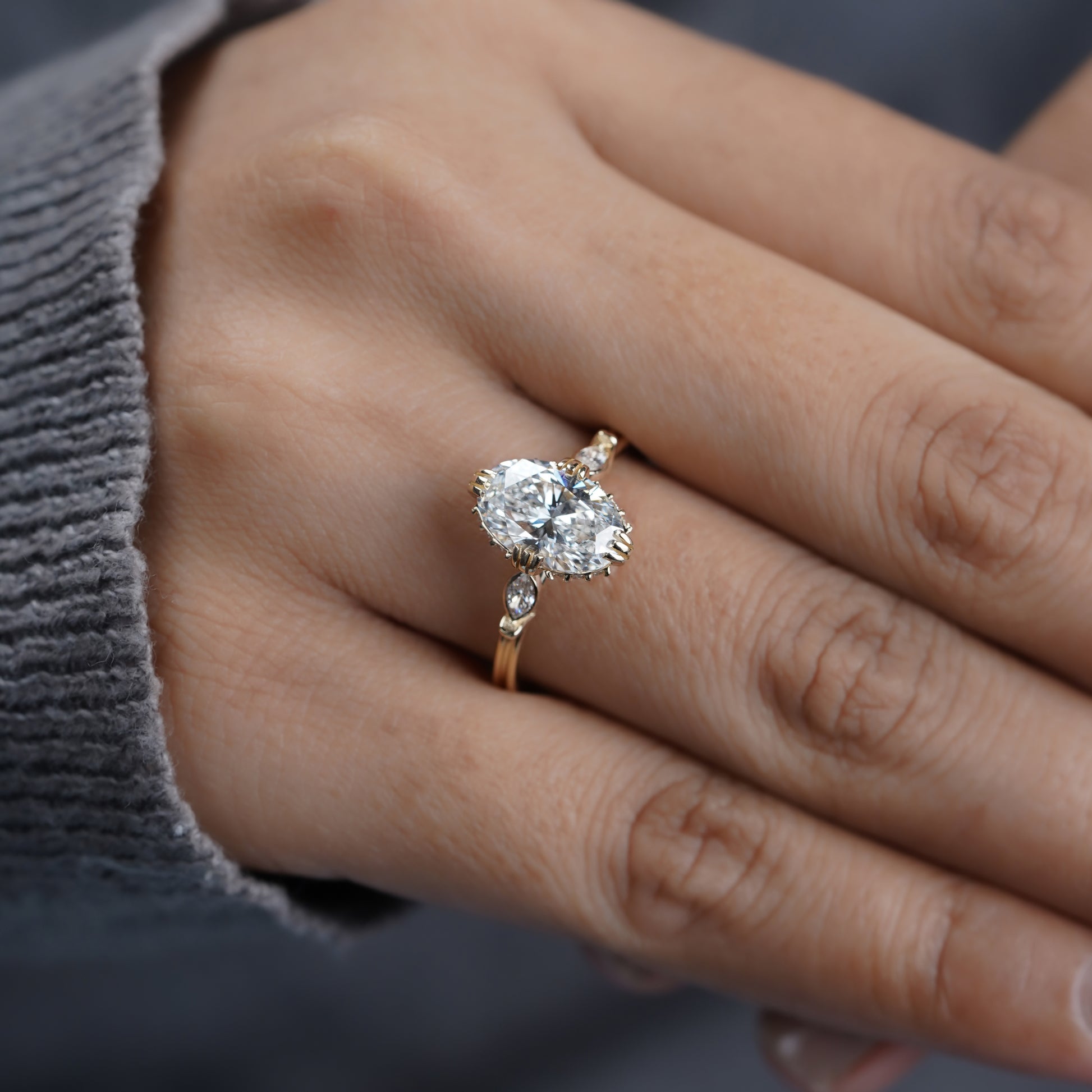 Oval diamond engagement ring top view with hidden halo