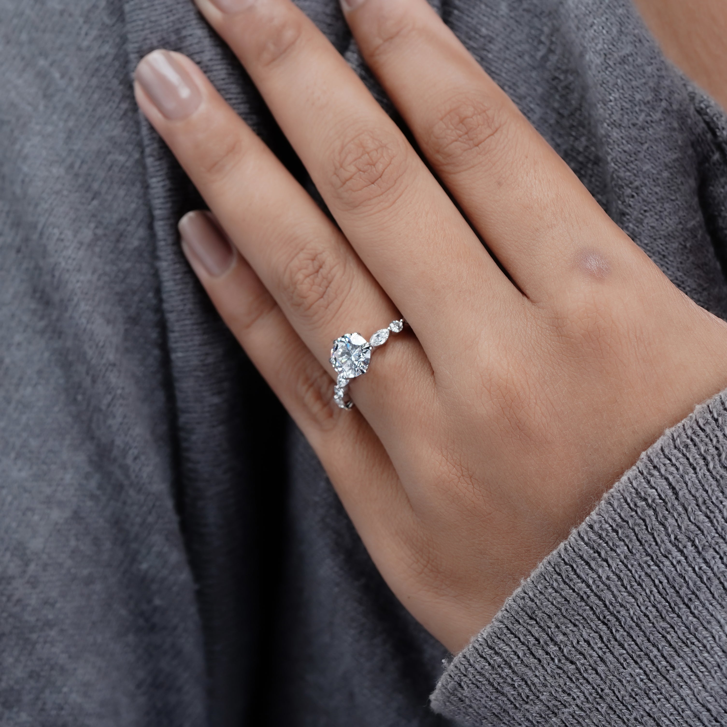 Round 2.20tcw Lab Grown Diamond Engagement Ring | Accent Set in White Gold | D-E-F Color | VVS–VS Clarity | IGI Certified | Modern Classic