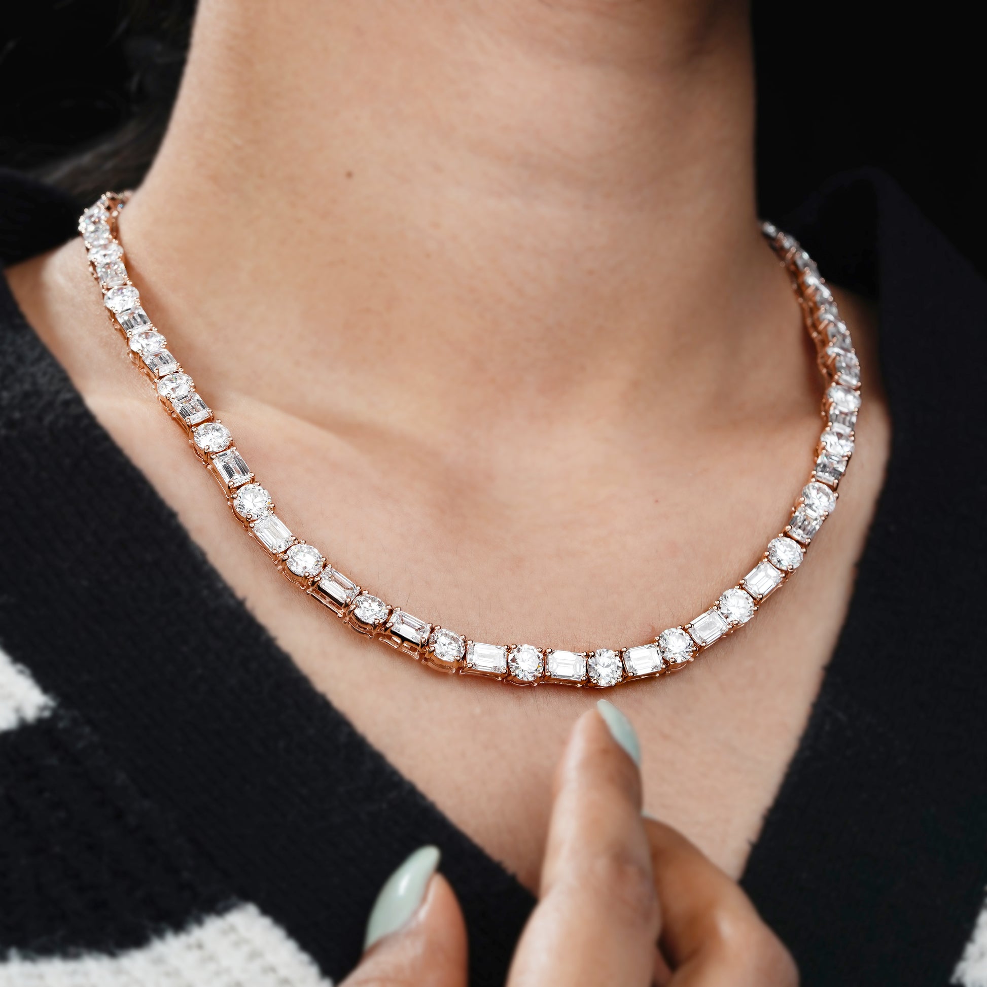 Emerald And Round 80.00tcw Lab Grown Diamond Tennis Necklace, EF color, VS Clarity