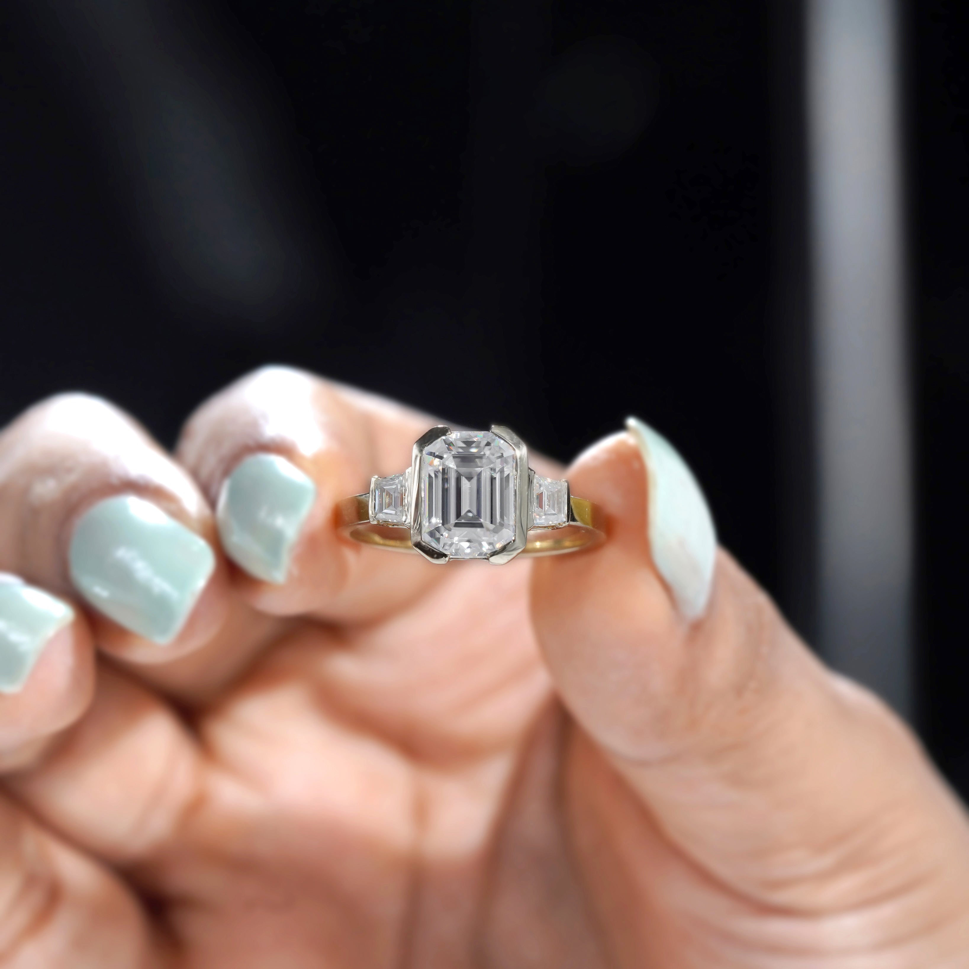 Emerald 4.00tcw Lab Grown Diamond Half Bezel Engagement Ring, D-E-F Color, VVS-VS Clarity