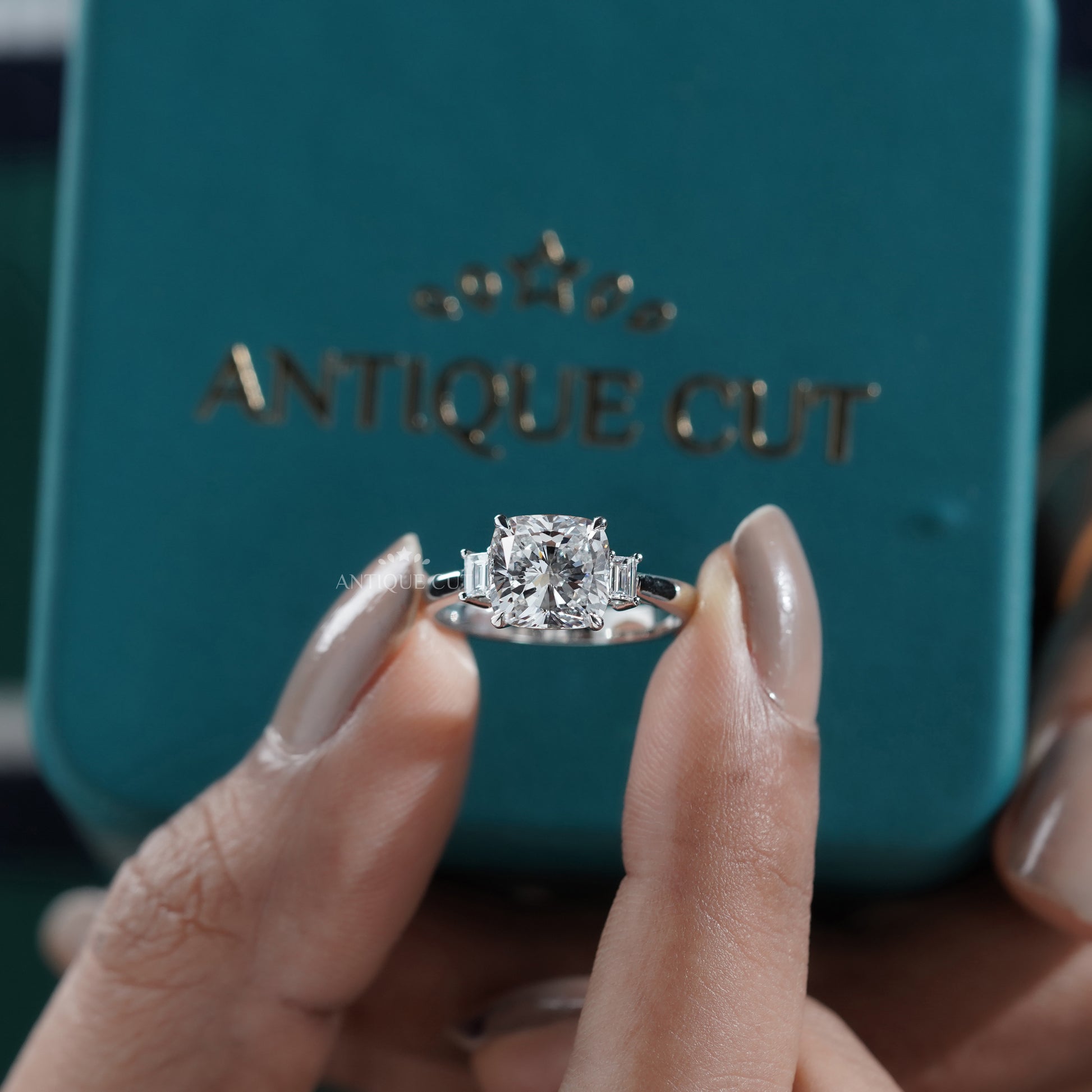 4.00ct Cushion Cut Diamond Engagement Ring | Three Stone Ring with 0.30ct Side Diamonds | Platinum / White Gold Bridal Jewelry