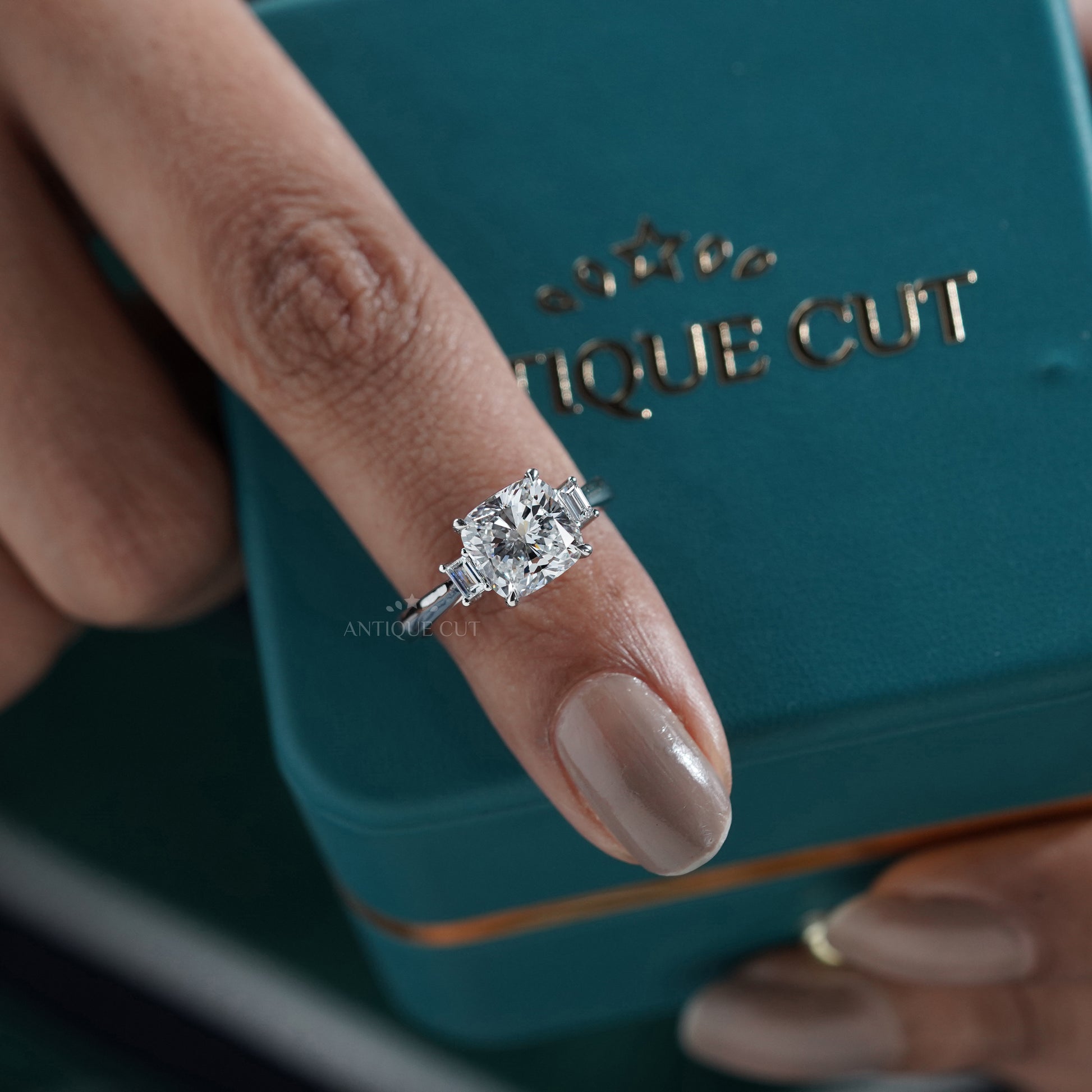 4.00ct Cushion Cut Diamond Engagement Ring | Three Stone Ring with 0.30ct Side Diamonds | Platinum / White Gold Bridal Jewelry