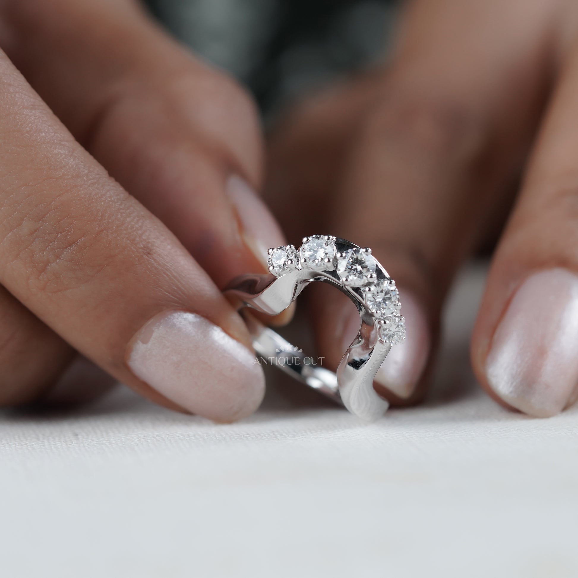 Round 0.70tcw Diamond Curved Band | Sculptural Wave Ring | Gold Contour Wedding Band