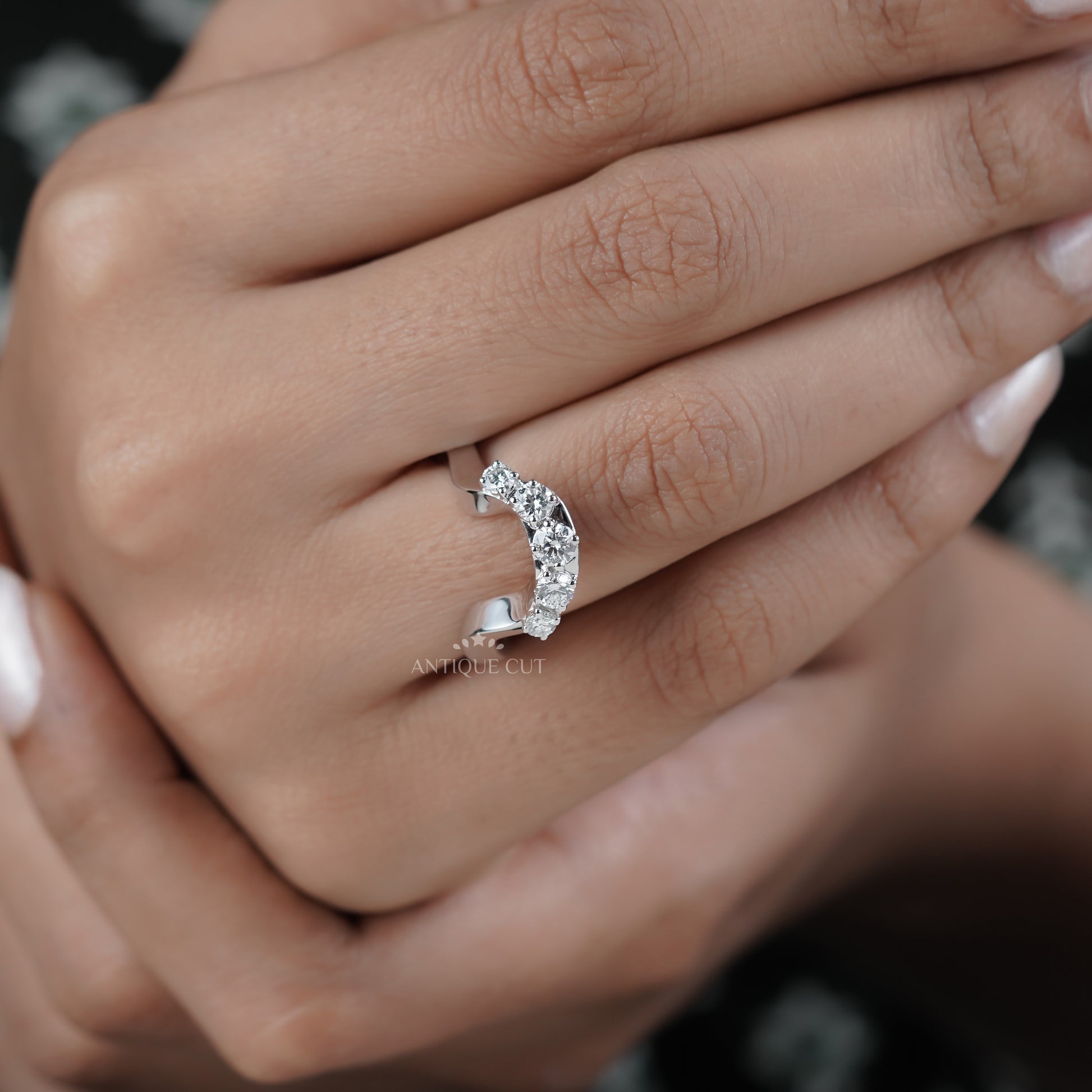 Round 0.70tcw Diamond Curved Band | Sculptural Wave Ring | Gold Contour Wedding Band