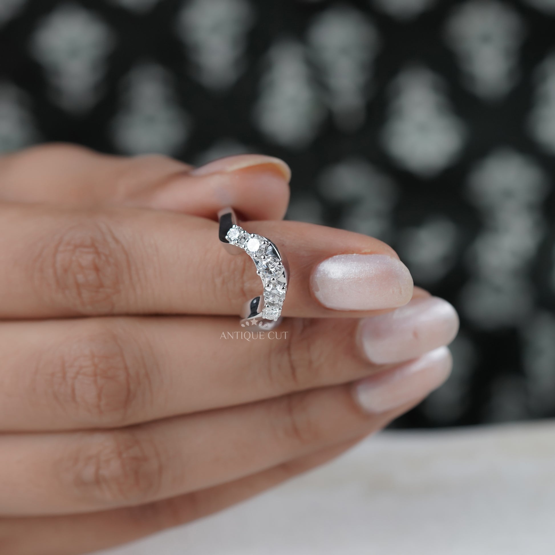 Round 0.70tcw Diamond Curved Band | Sculptural Wave Ring | Gold Contour Wedding Band