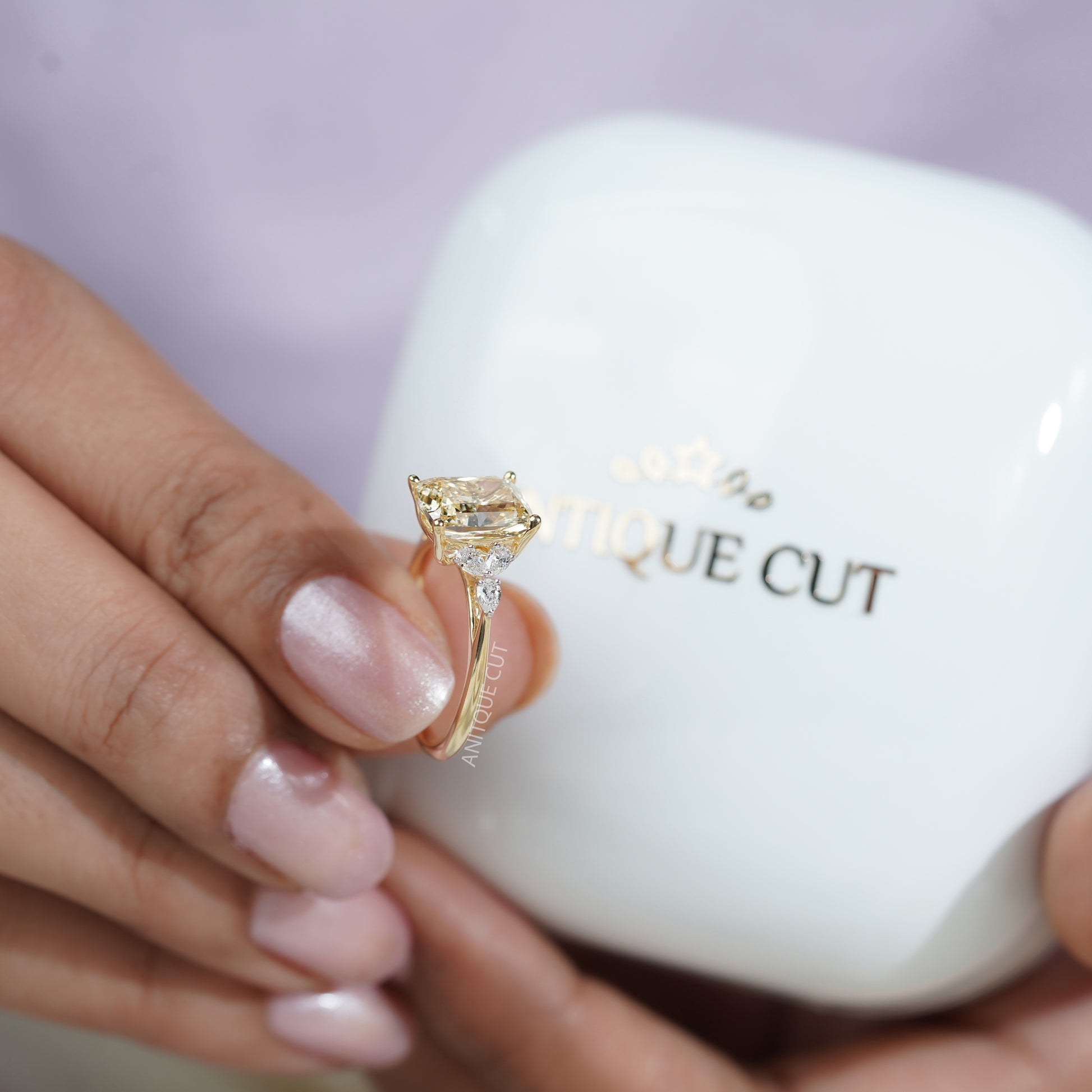 3.30tcw Fancy Yellow Cushion Cut Diamond Engagement Ring | 3.00ct Center | Yellow Gold | Floral Side Diamonds