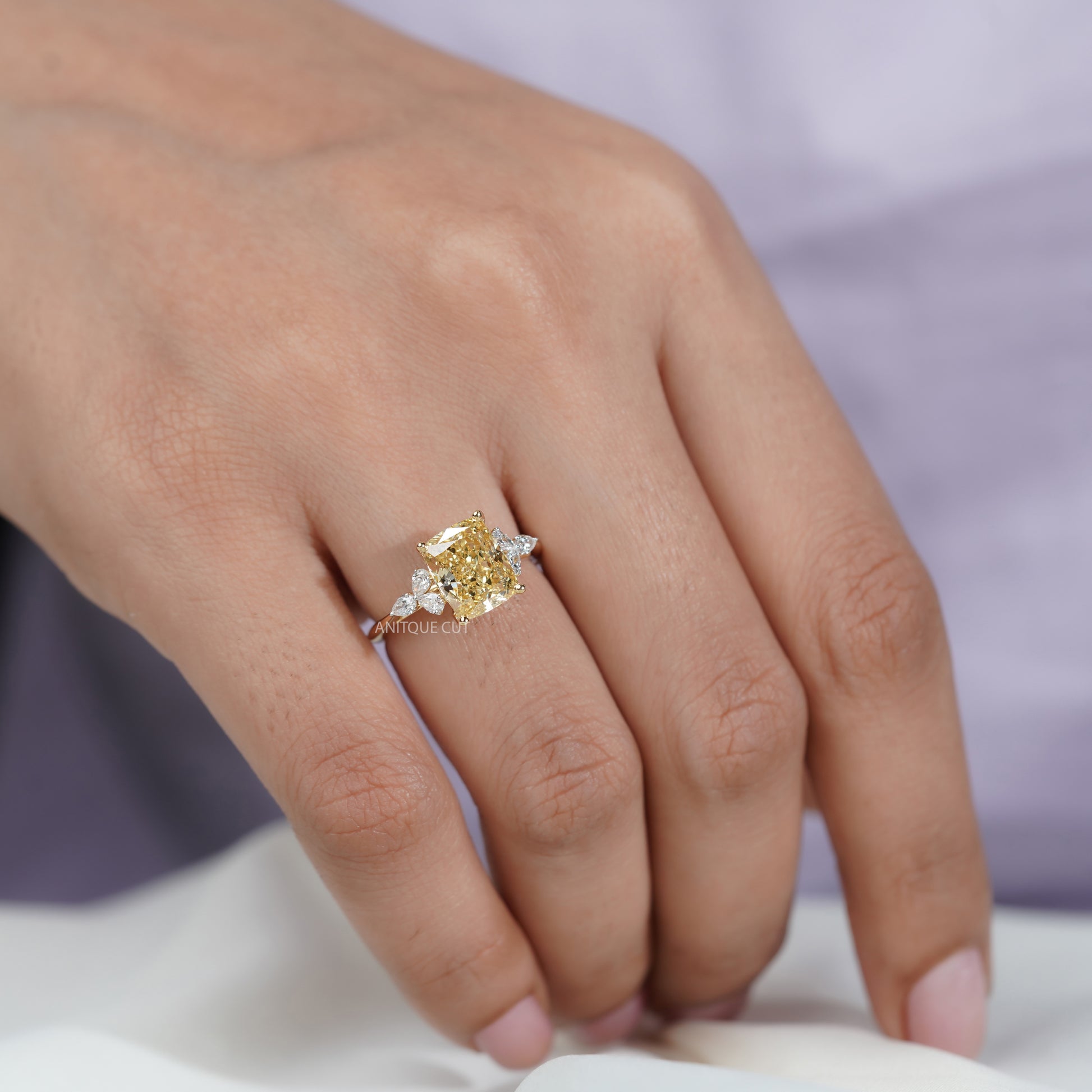 3.30tcw Fancy Yellow Cushion Cut Diamond Engagement Ring | 3.00ct Center | Yellow Gold | Floral Side Diamonds