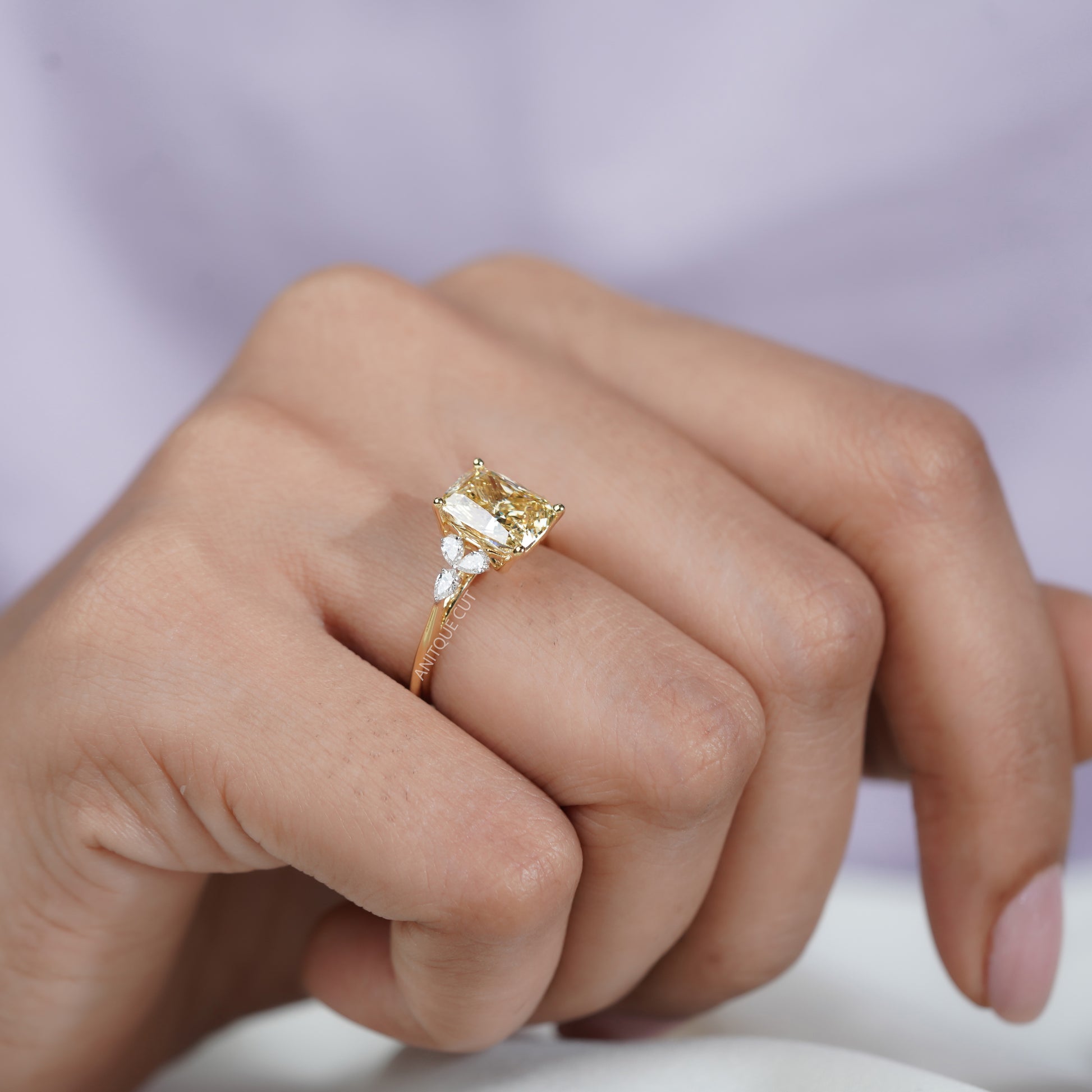 3.30tcw Fancy Yellow Cushion Cut Diamond Engagement Ring | 3.00ct Center | Yellow Gold | Floral Side Diamonds