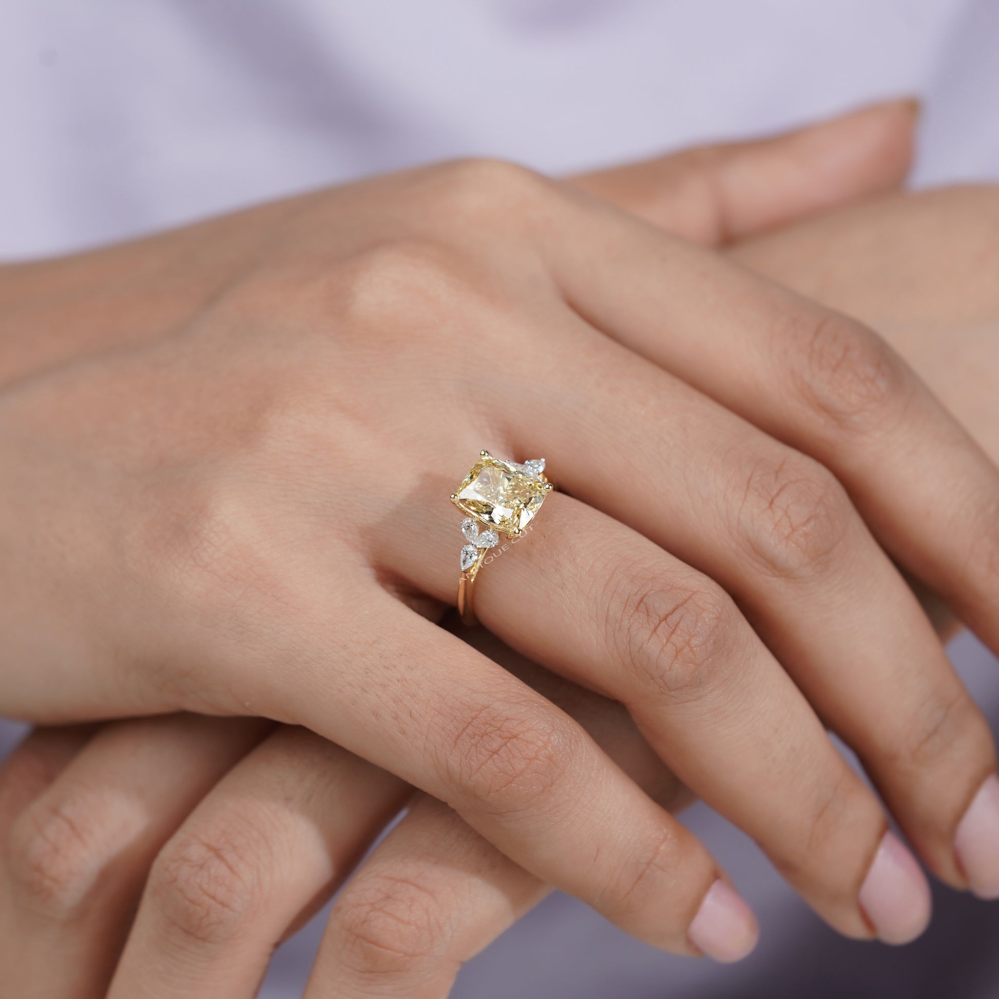 3.30tcw Fancy Yellow Cushion Cut Diamond Engagement Ring | 3.00ct Center | Yellow Gold | Floral Side Diamonds