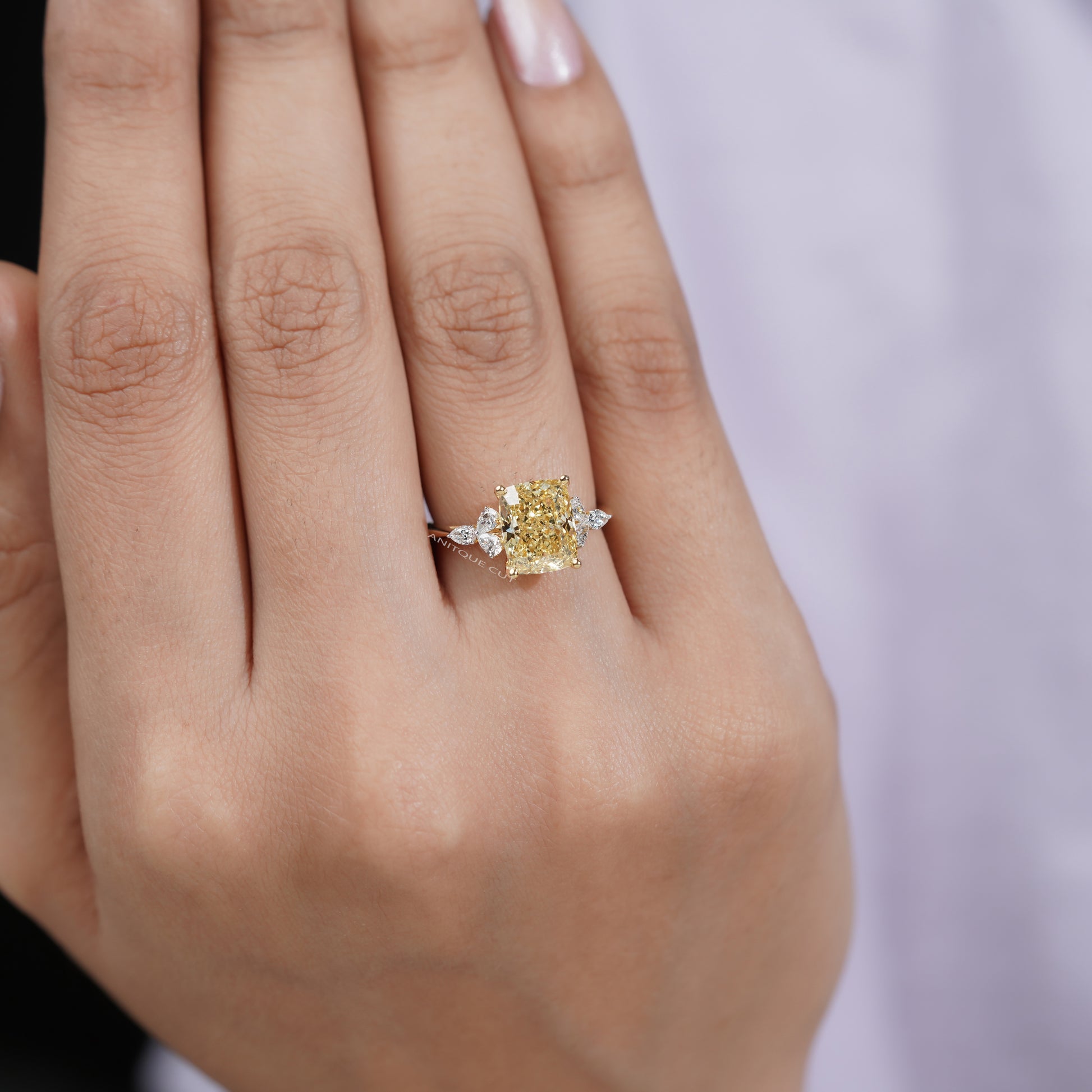 3.30tcw Fancy Yellow Cushion Cut Diamond Engagement Ring | 3.00ct Center | Yellow Gold | Floral Side Diamonds