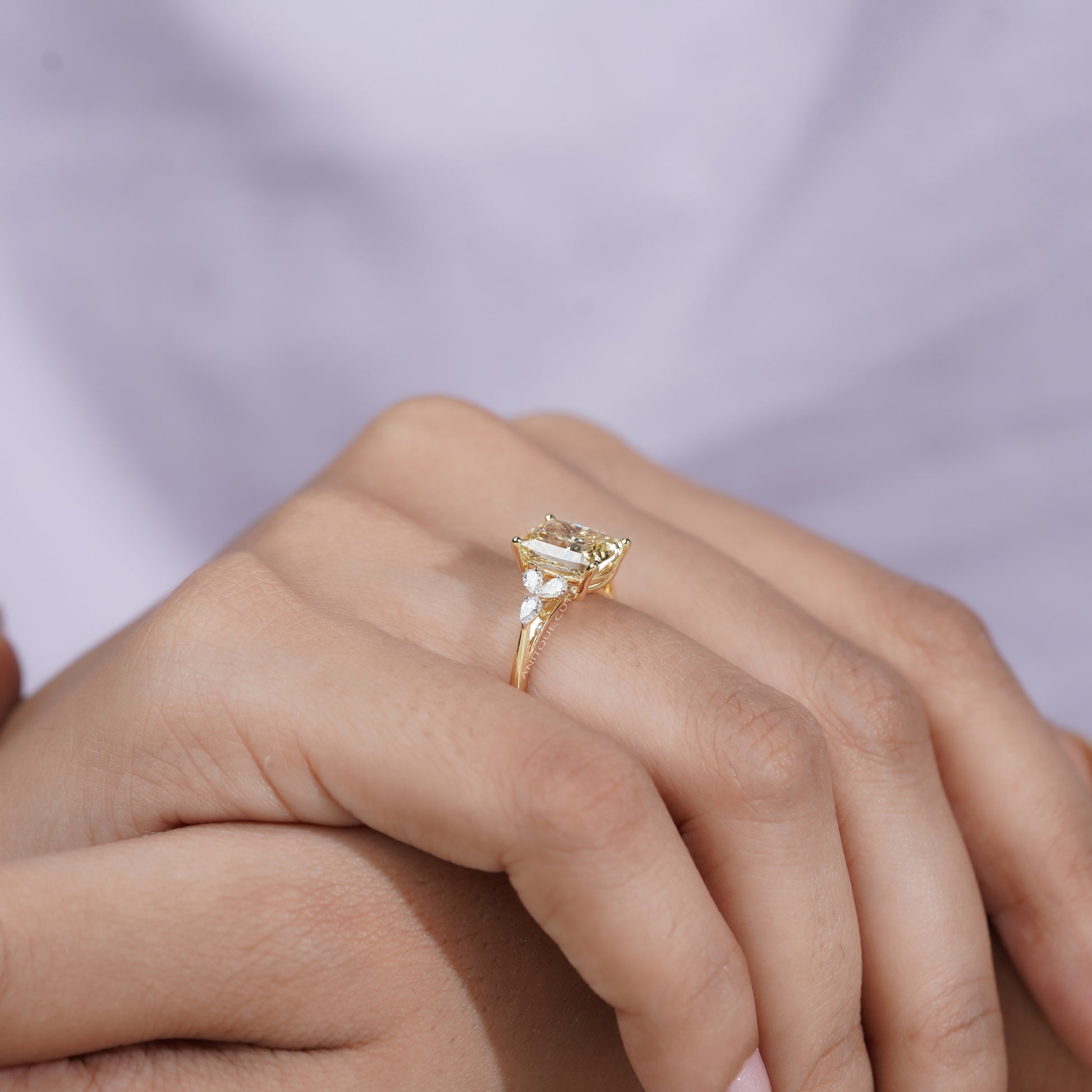 3.30tcw Fancy Yellow Cushion Cut Diamond Engagement Ring | 3.00ct Center | Yellow Gold | Floral Side Diamonds