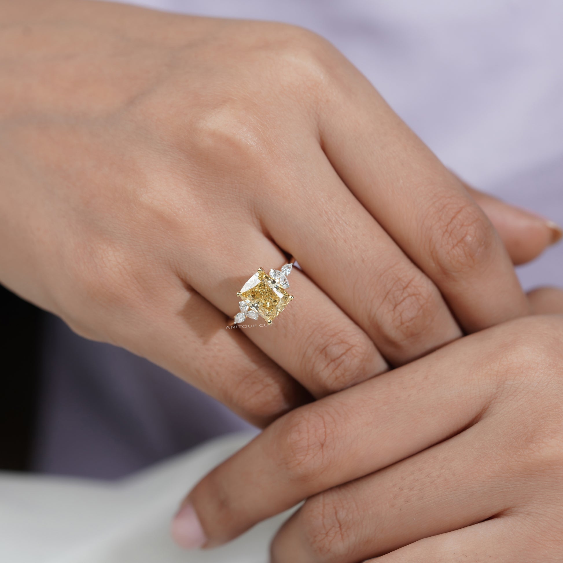 3.30tcw Fancy Yellow Cushion Cut Diamond Engagement Ring | 3.00ct Center | Yellow Gold | Floral Side Diamonds