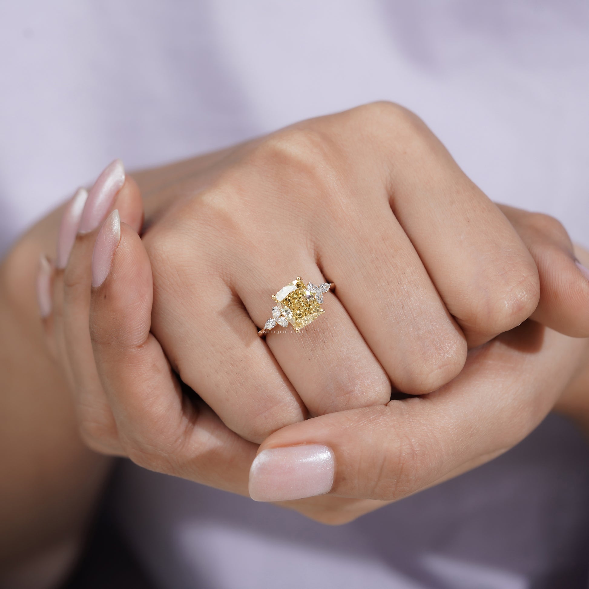 3.30tcw Fancy Yellow Cushion Cut Diamond Engagement Ring | 3.00ct Center | Yellow Gold | Floral Side Diamonds